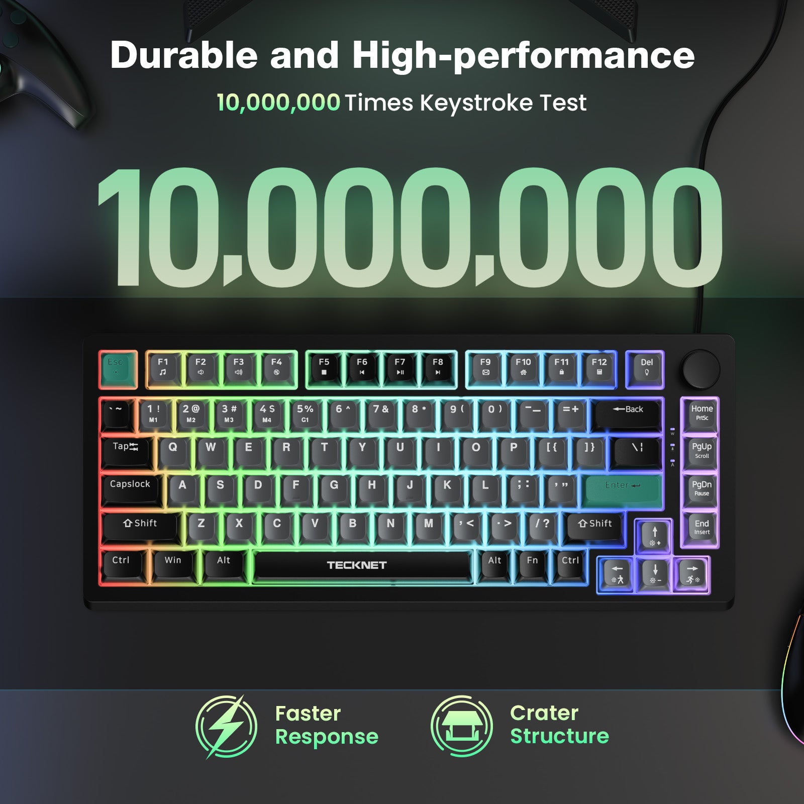 TECKNET RGB Gaming Keyboard,Compact 83 Keys Wired Keyboard with Volumn Knob