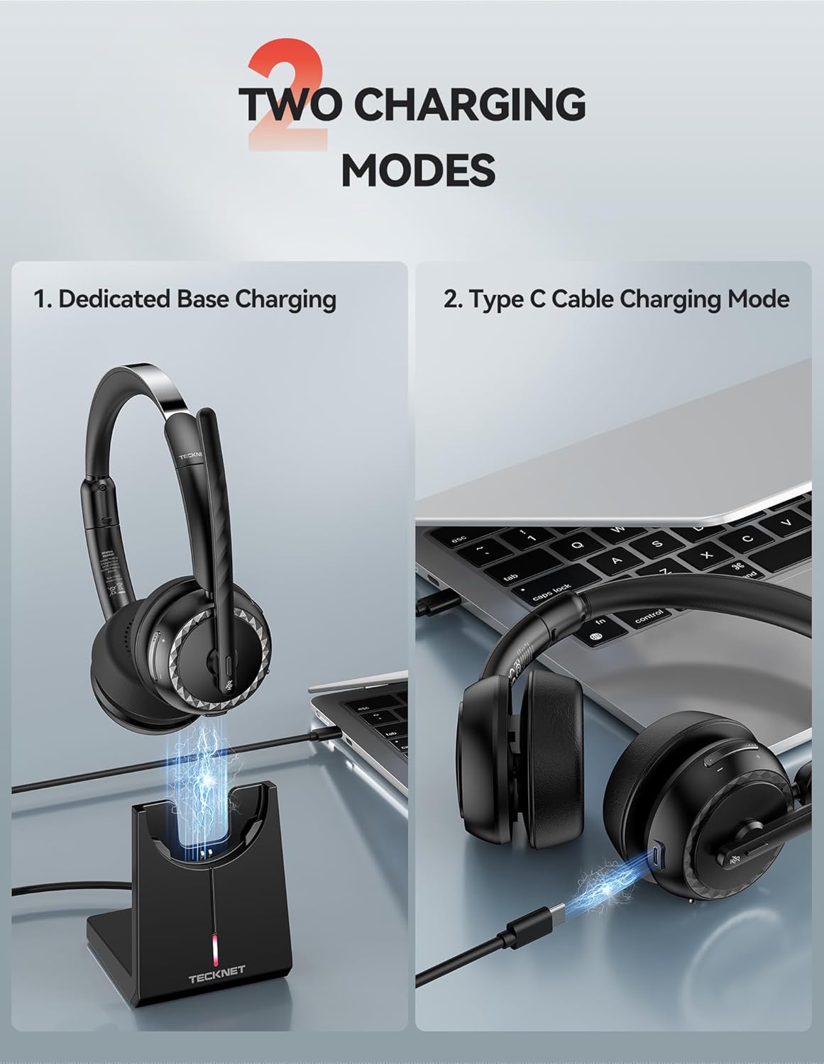 TECKNET Wireless Headset, 5.3 Bluetooth Headset with AI Noise Cancelling Mic