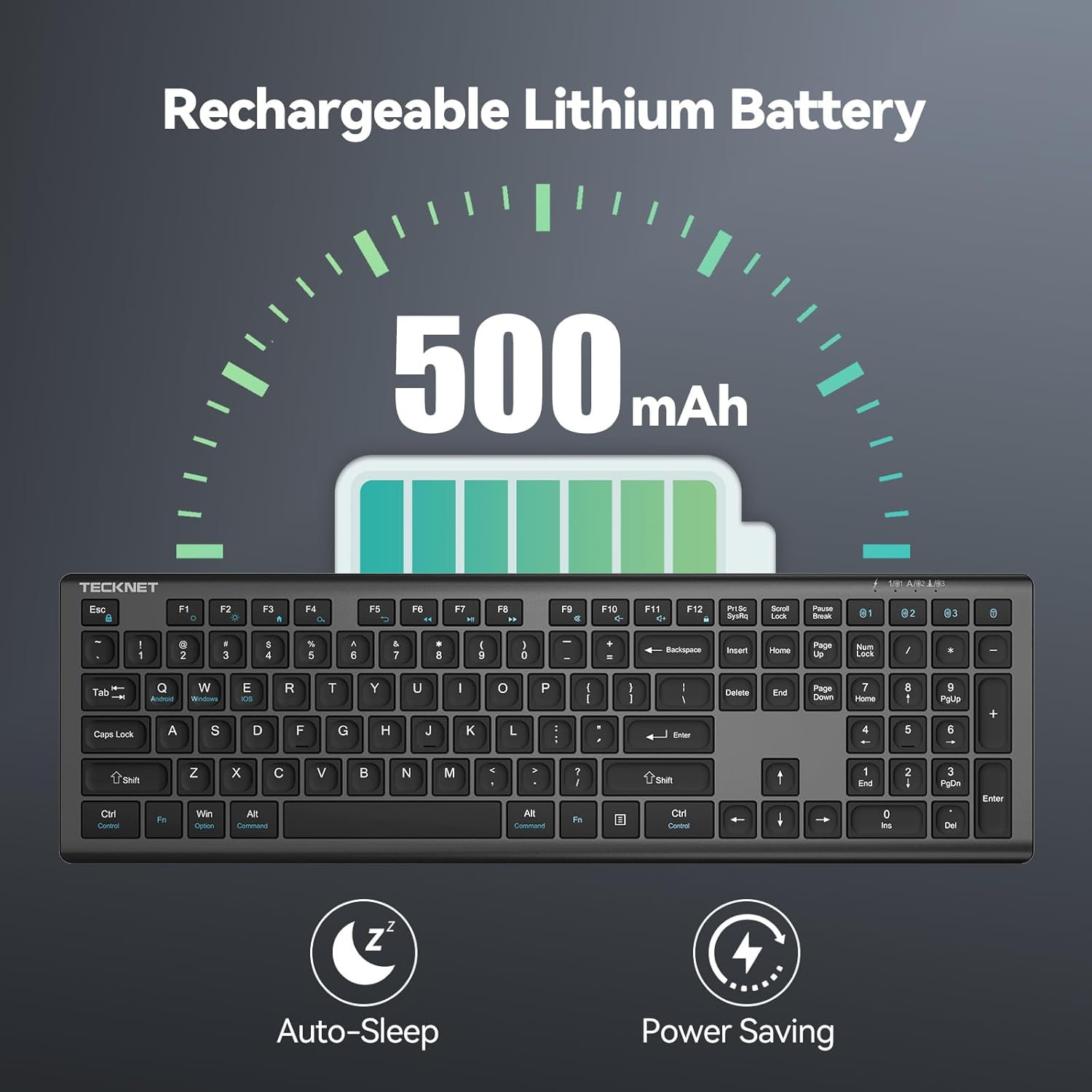 TECKNET Bluetooth Keyboard Rechargeable, 4-Device Free Switching (2.4G+BT), Ultra-Slim Full Size Wireless Keyboard, Quiet Typing, for PC/Laptop/Smart TV/Phone, Adjustable Stand, 12 Multimedia Keys
