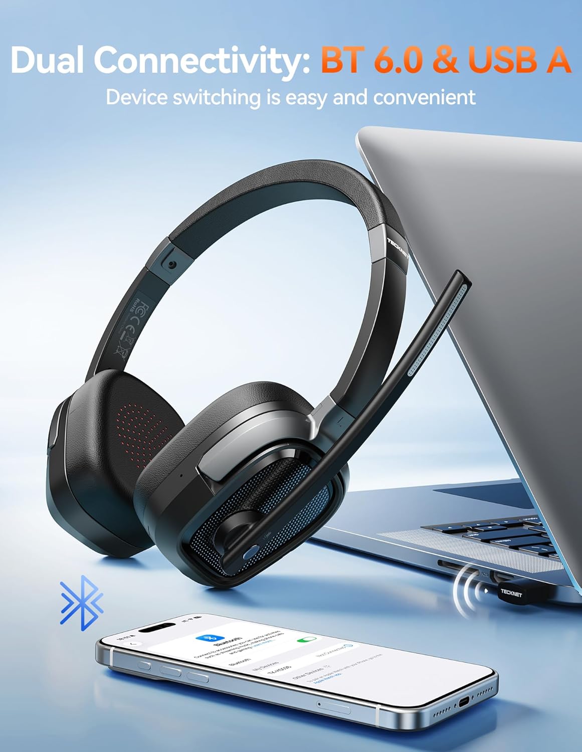TECKNET Wireless Bluetooth Headset V6.0 with AI Noise-Cancelling Microphone