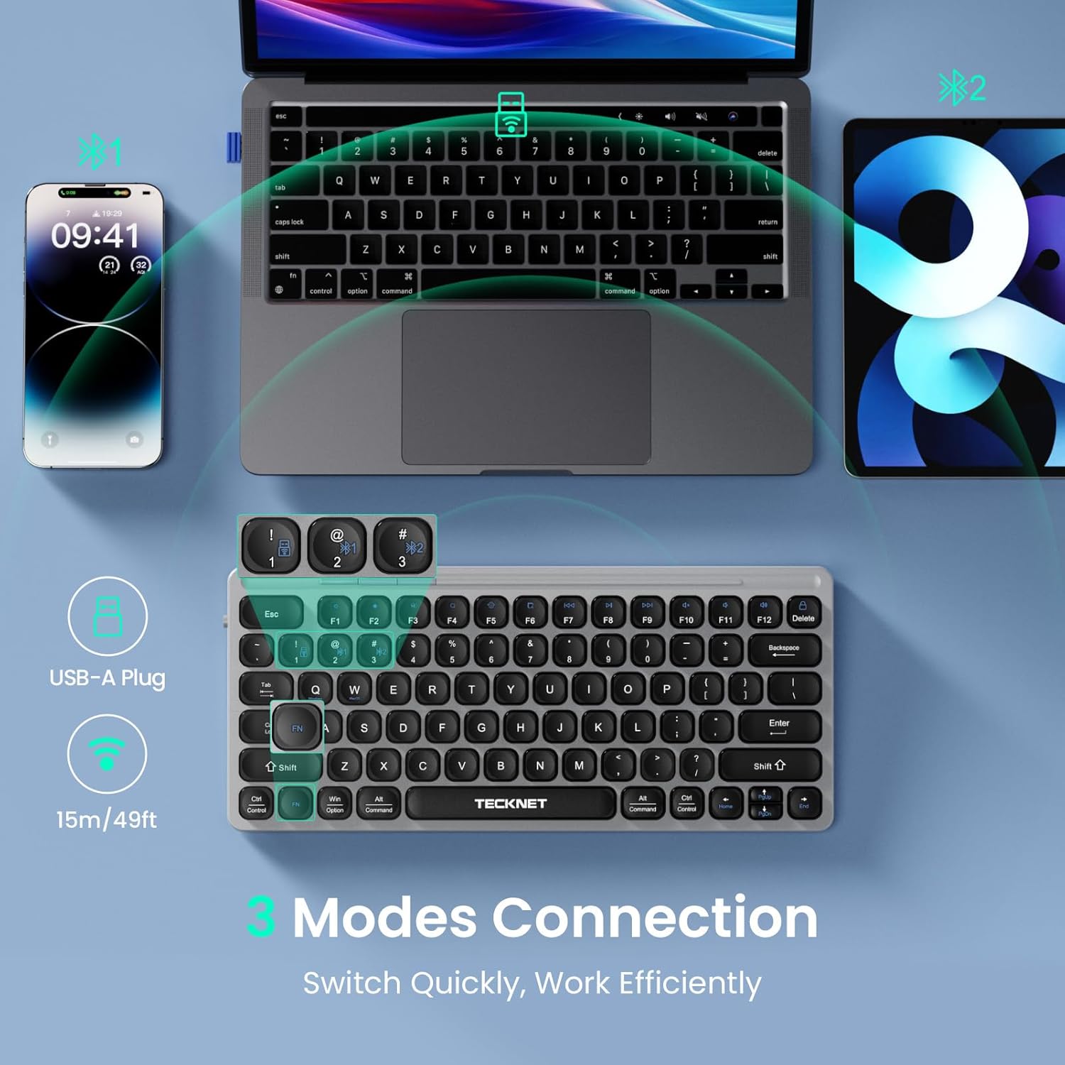 TECKNET Wireless Bluetooth Keyboard, Slim Rechargeable Keyboard (2.4G+BT 5.0)