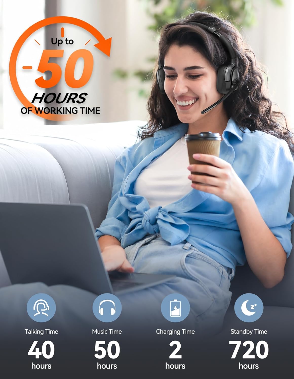 TECKNET Wireless Bluetooth Headset V6.0 with AI Noise-Cancelling Microphone