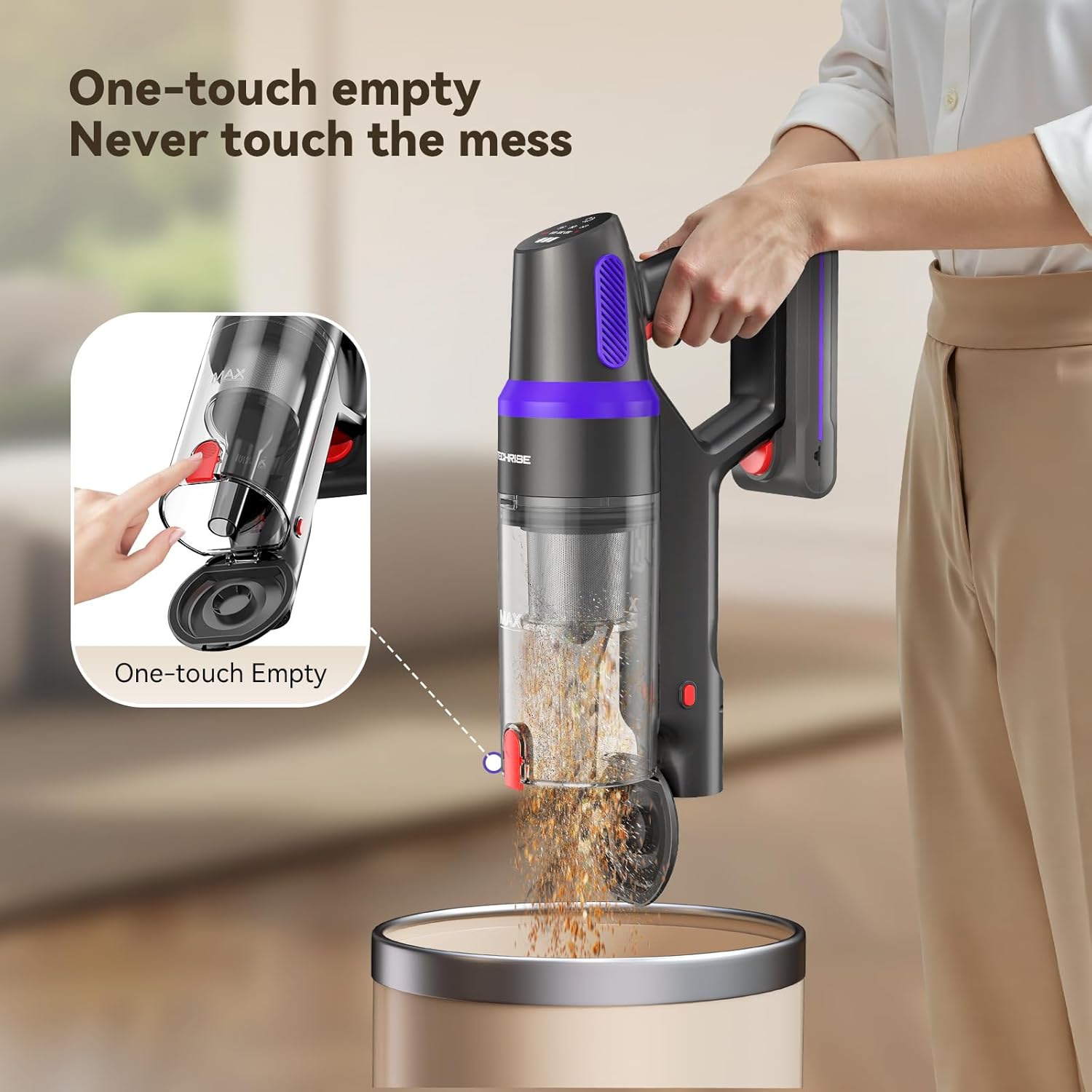 TechRise Cordless Vacuum Cleaner, 500W/45Kpa Stick Vacuum for Home, Anti-Tangle Brush & 8-in-1 Self-Standing, Up to 60Mins Runtime Lightweight with LED Display for Hardwood Floor,Carpet,Pet Hair