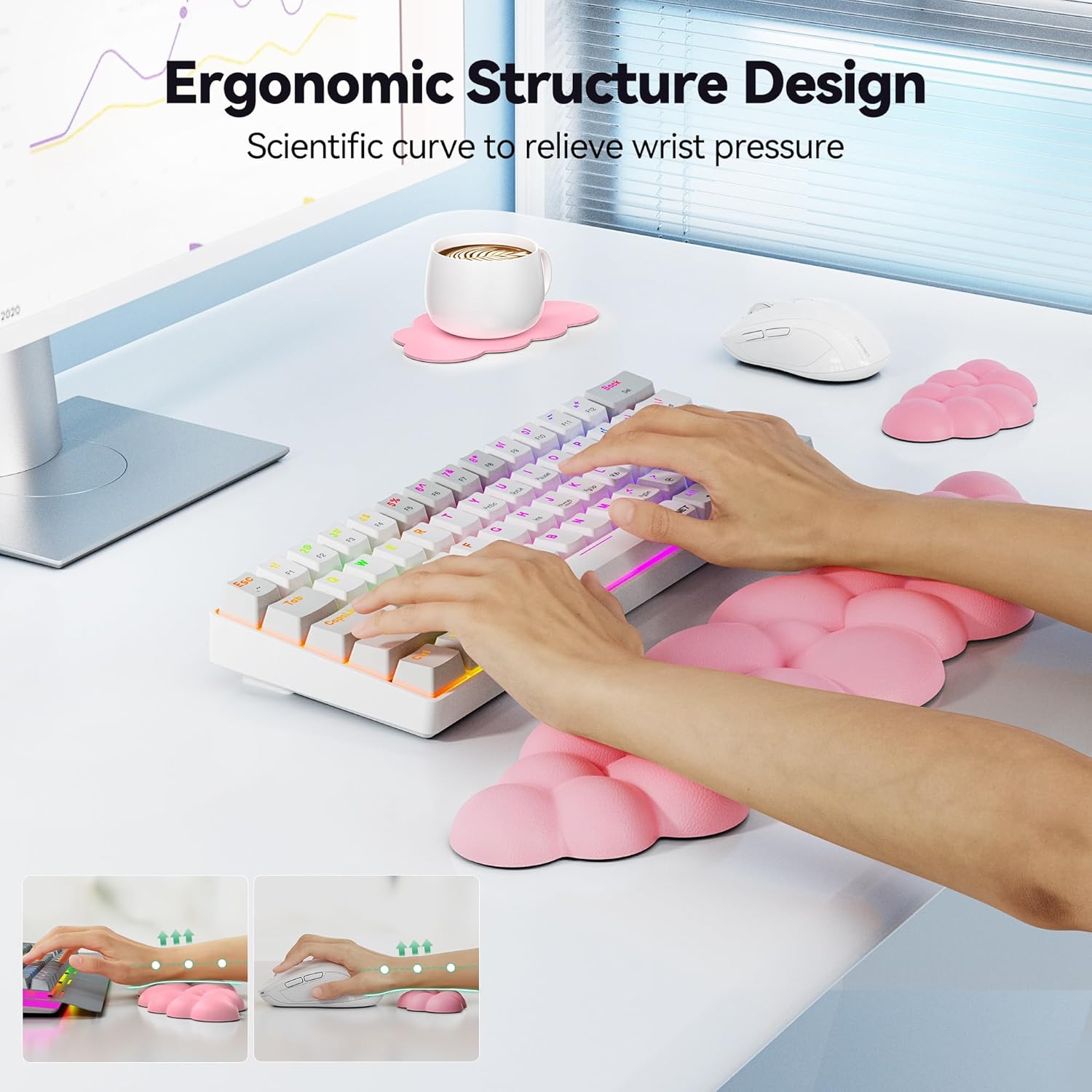 TECKNET Cloud Keyboard Wrist Rest Set, Non-Slip PU Leather Wrist Pad with Ergonomic Memory Foam, for Laptop/Office/Gaming & Pain Relief, Dark Pink