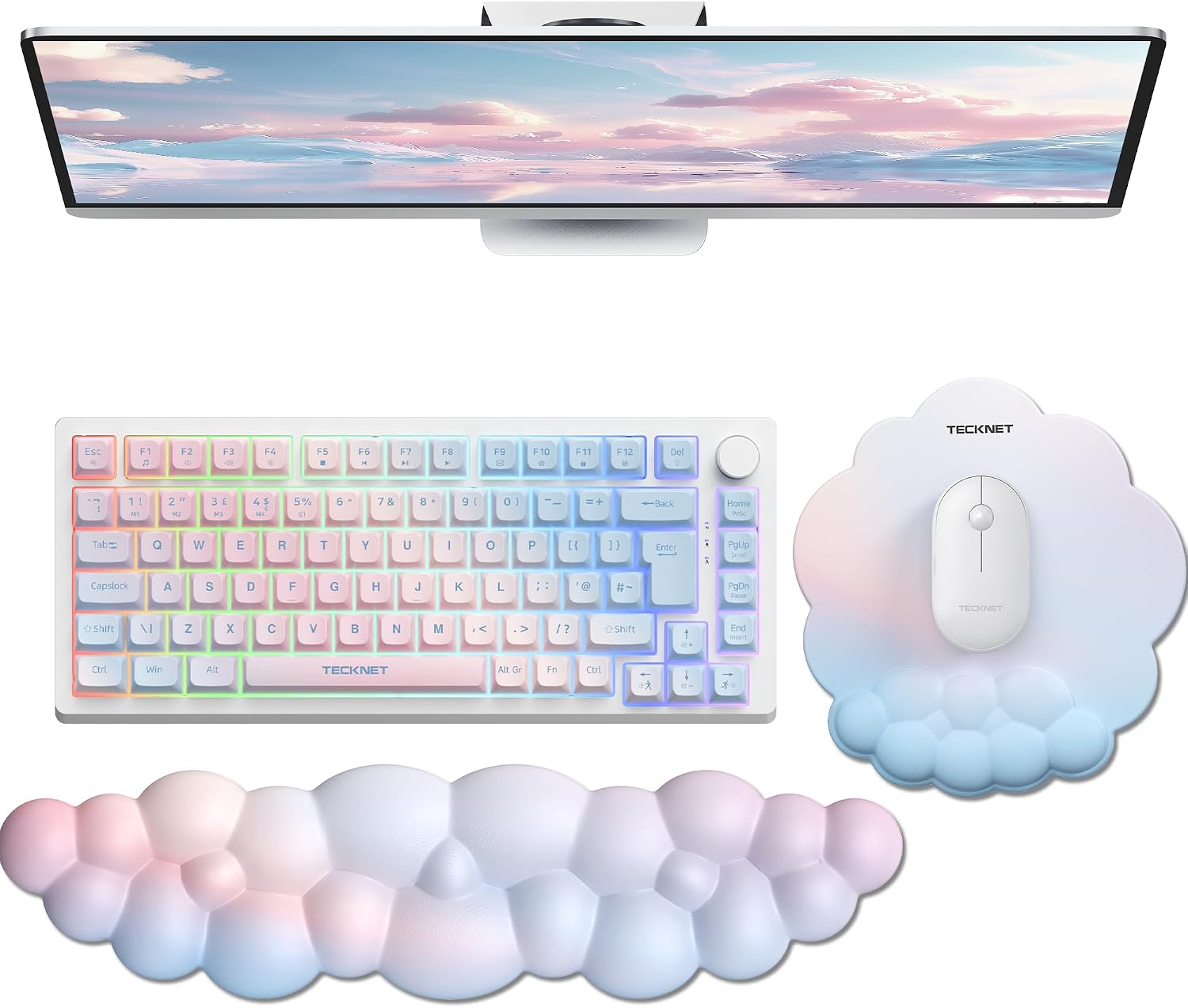 TECKNET BASICS Cloud Ergonomic Mouse Pad with Wrist Rest, Memory Foam Support & Non-Slip Base for Pain Relief, Office & Gaming, Rainbow