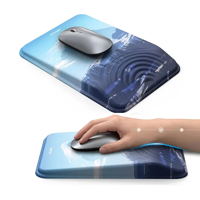 TECKNET MGM01143 ergonomic mouse pad with memory foam wrist rest,19‑degree tilt pressure relief, Lycra smooth surface anti‑slip PU base rectangular office gaming mouse mat