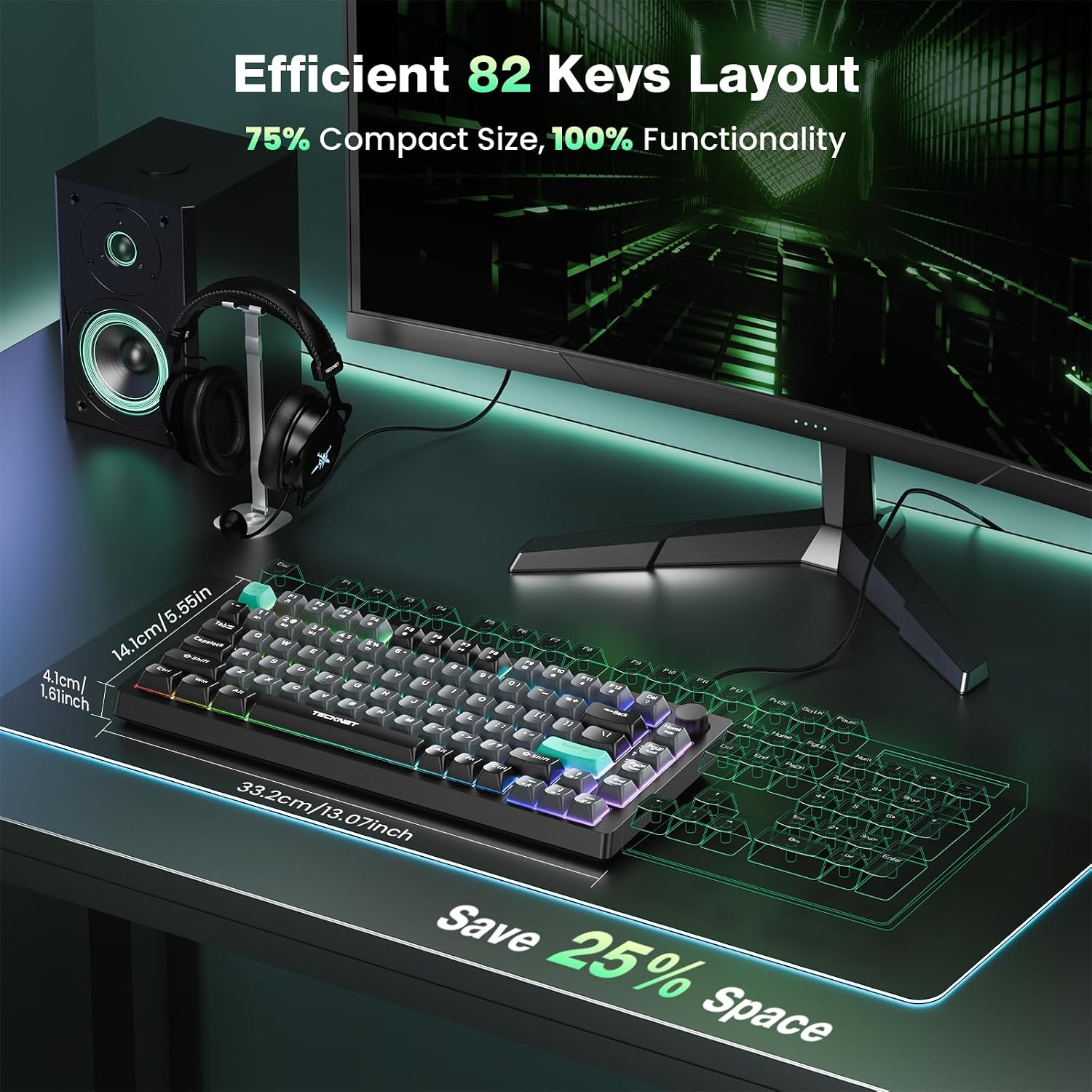 TECKNET Gaming Keyboard, 75% Wired Keyboard, RGB Backlit, 82-Keys with Volume Knob Control, 26 Keys Anti-ghosting, Whisper Quiet Gaming Switch Travel Friendly for Windows Laptop PC Mac-Grey