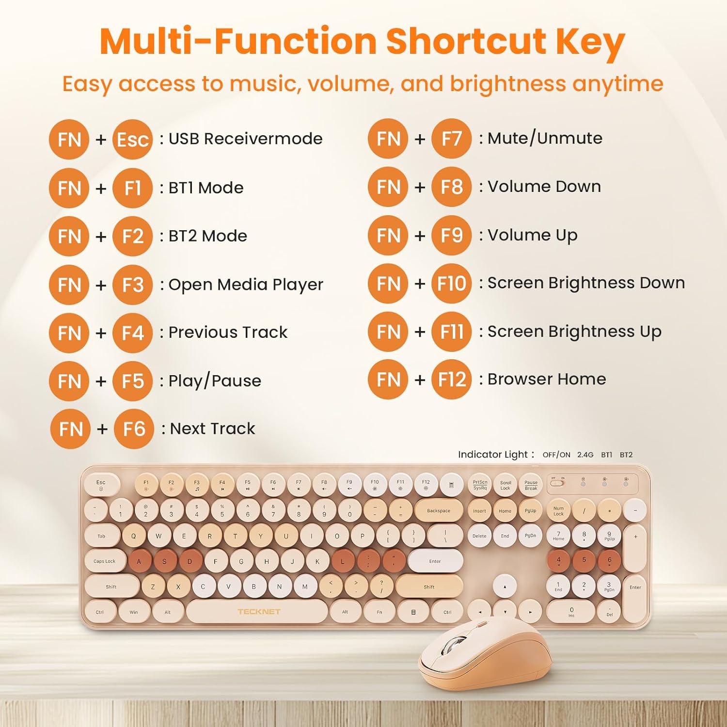 TECKNET Colorful Wireless Keyboard and Mouse Combo