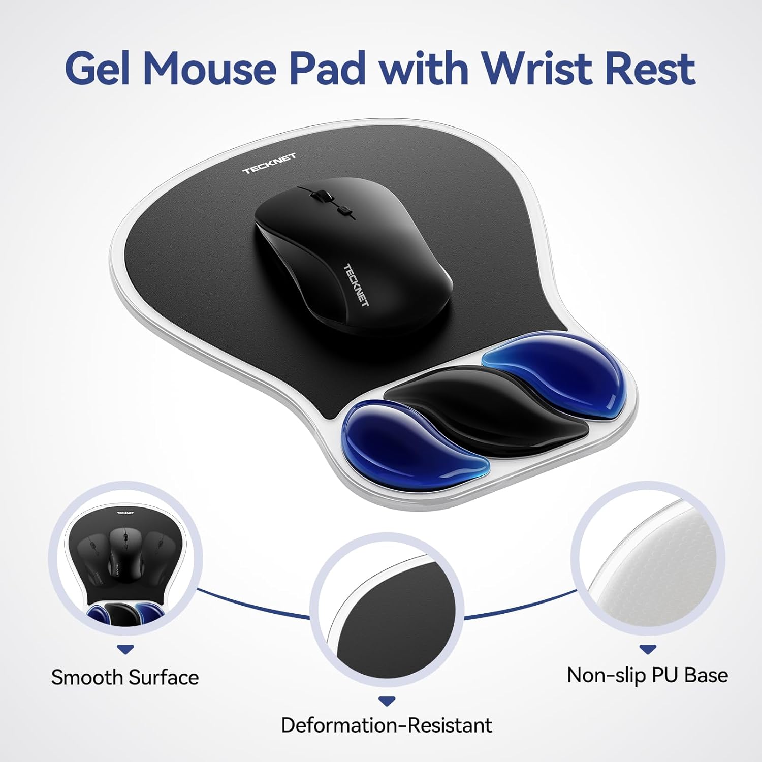 TECKNET BASICS Gel Mouse Pad with Wrist Rest, Ergonomic Mouse Pad with Wrist Support, Non-Slip Waterproof Base for Office, Home - Black