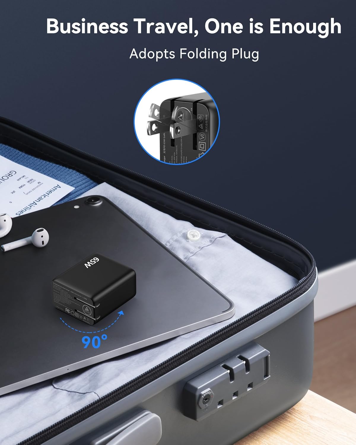 TECKNET 65W PD 3.0 GaN Wall Charger, 3-Port Foldable Travel Adapter