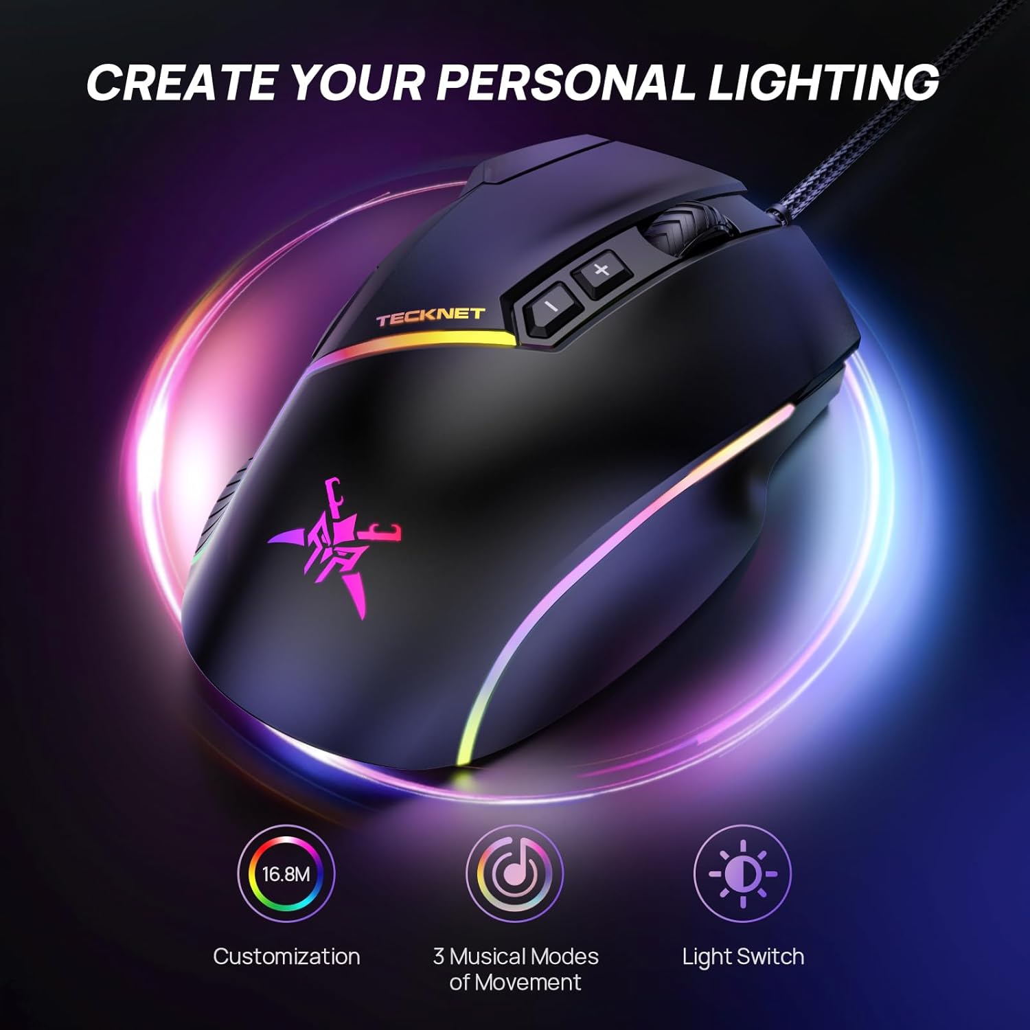 TECKNET Wired Gaming Mouse, 12,800 DPI with Optical Sensor, 8 Programmable Buttons