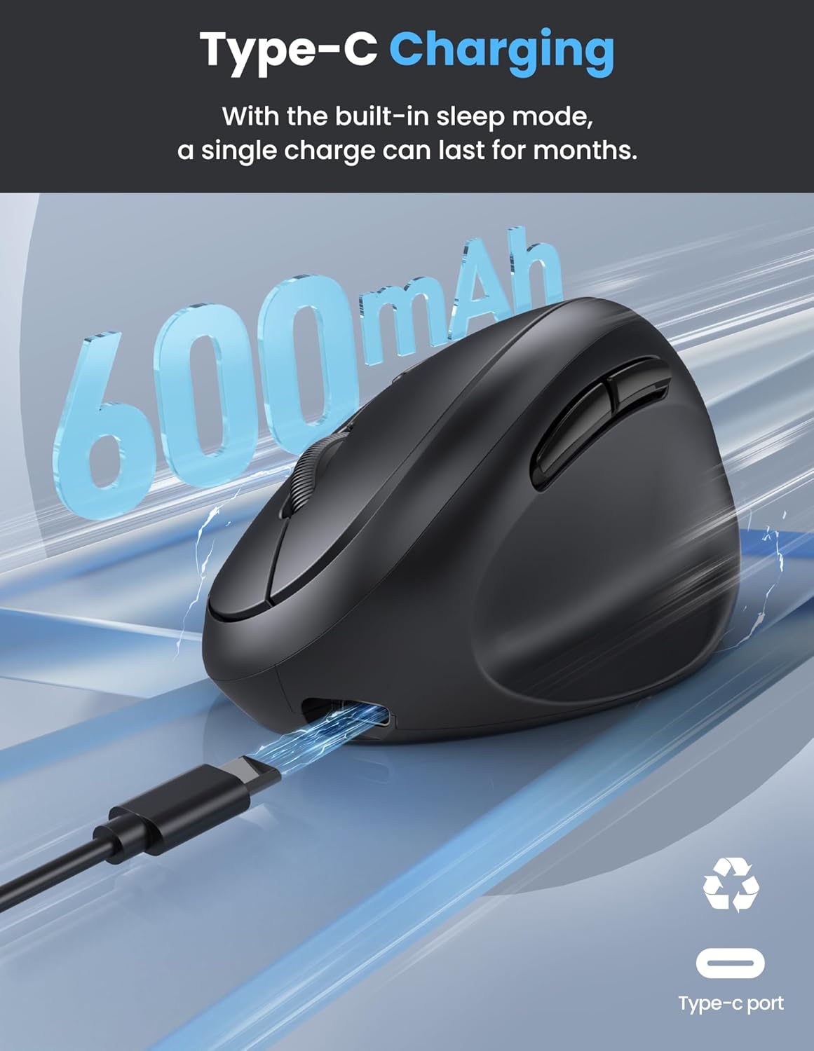 TECKNET Ergonomic Mouse, Bluetooth Wireless Vertical Mouse, Rechargeable Battery, Quiet Clicks, 4800 DPI Adjustable