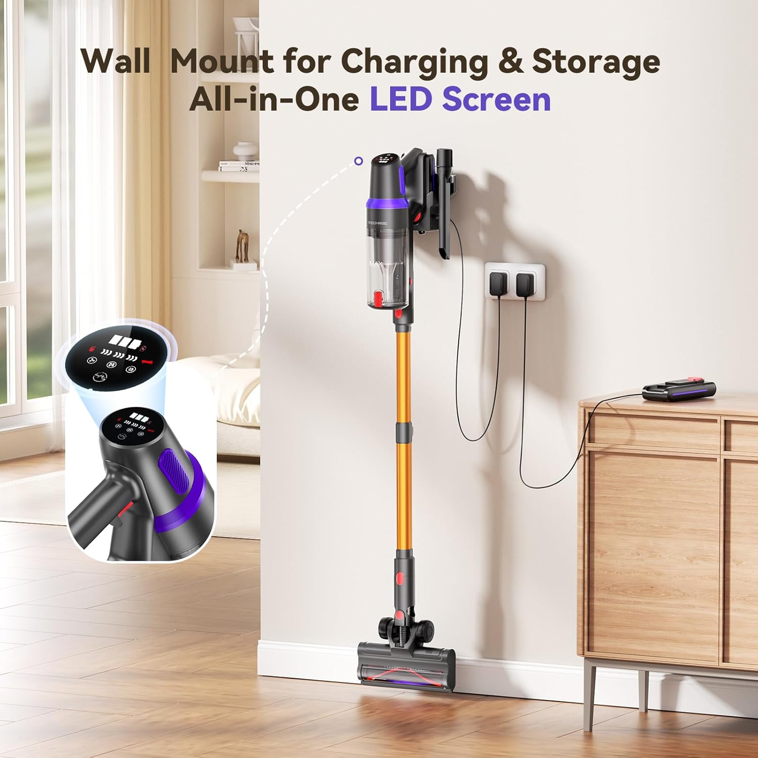 TechRise Cordless Vacuum Cleaner, 500W/45Kpa Stick Vacuum for Home, Anti-Tangle Brush & 8-in-1 Self-Standing, Up to 60Mins Runtime Lightweight with LED Display for Hardwood Floor,Carpet,Pet Hair