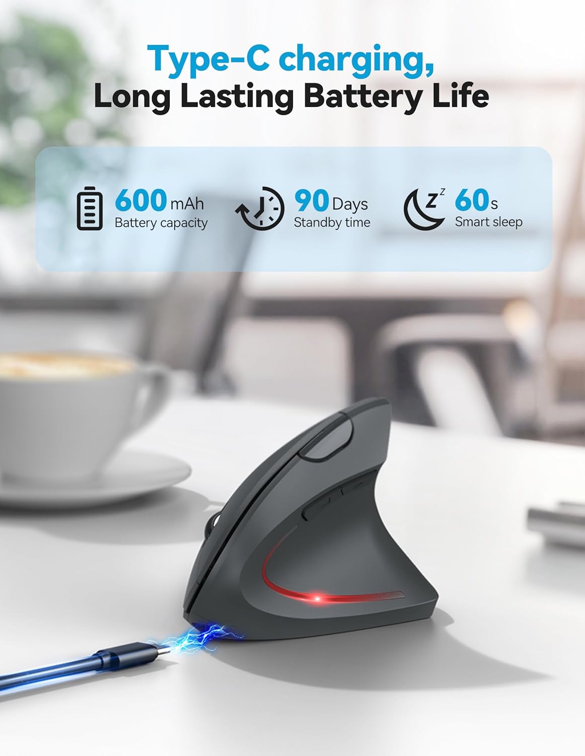 TECKNET Ergonomic Mouse with Jiggler, Bluetooth Wireless Vertical Mouse, 4800DPI Rechargeable Carpal Tunnel Mouse, Undetectable Random Movement Keeps Computers Awake for PC, Laptop, Mackbook