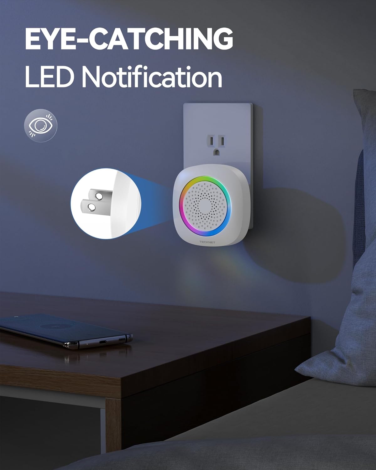 TECKNET Plug in Wireless Doorbell with RGB Lighting & 1300 Feet Range,IP66 Waterproof Door Bell for Home/Classroom,60 Chimes,5-Level Volume,4.5-Year Battery Life(White),FCC ID:YI6RL-33TX