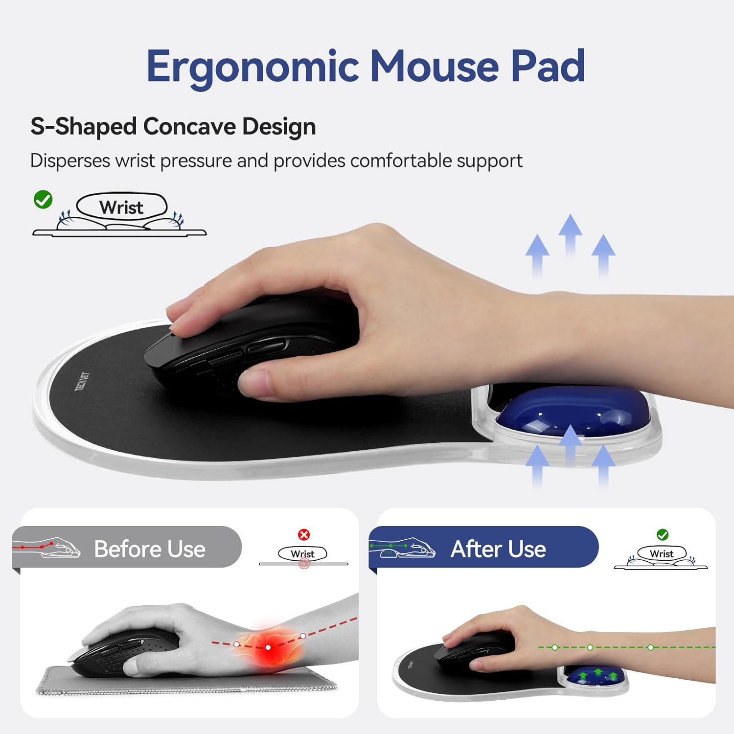 TECKNET BASICS Gel Mouse Pad with Wrist Rest, Ergonomic Mouse Pad with Wrist Support, Non-Slip Waterproof Base for Office, Home - Black