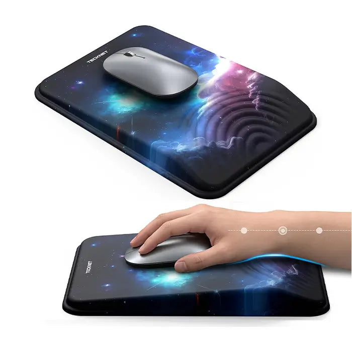 TECKNET MGM01143 ergonomic mouse pad with memory foam wrist rest,19‑degree tilt pressure relief, Lycra smooth surface anti‑slip PU base rectangular office gaming mouse mat