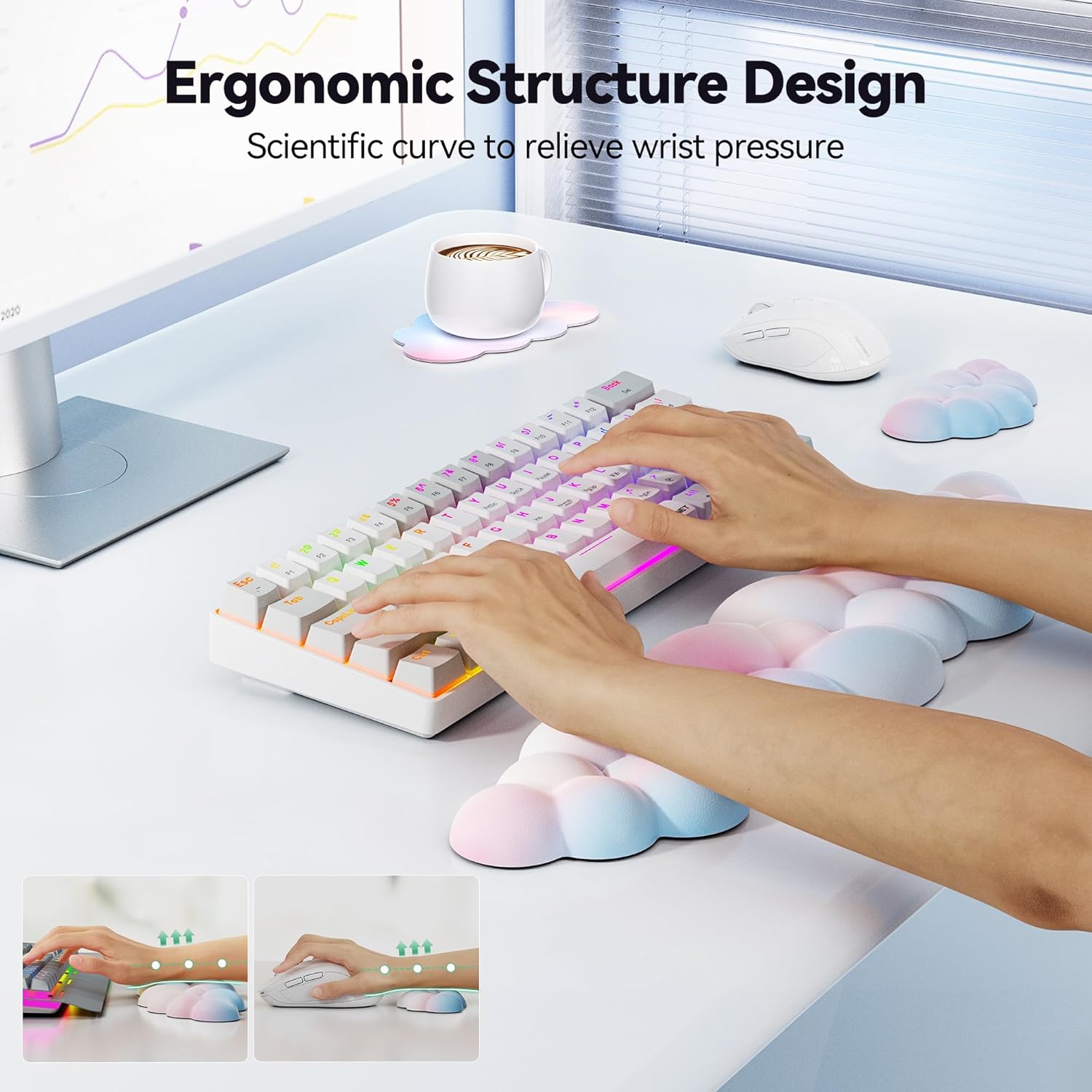 TECKNET Cloud Keyboard Wrist Rest Set, Non-Slip PU Leather Wrist Pad with Ergonomic Memory Foam, for Laptop/Office/Gaming & Pain Relief, Rainbow