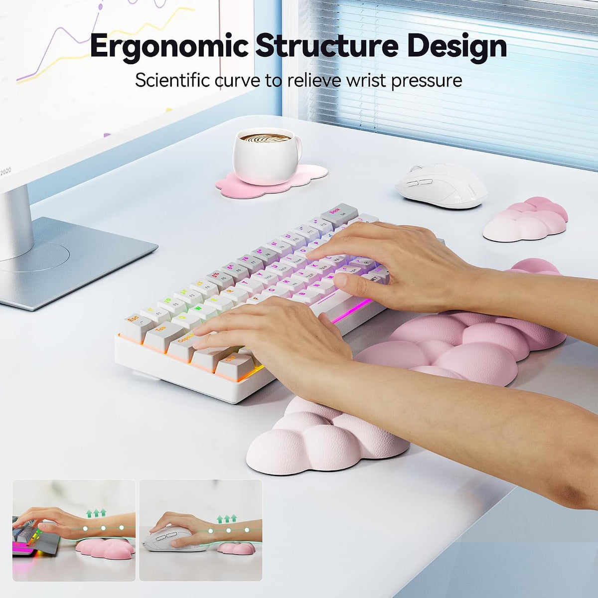 TECKNET Ergonomic Cloud Keyboard Wrist Rest Set, Pain Relief, Non-Slip with Coaster for Laptop, Office, Gaming - Gradient Pink