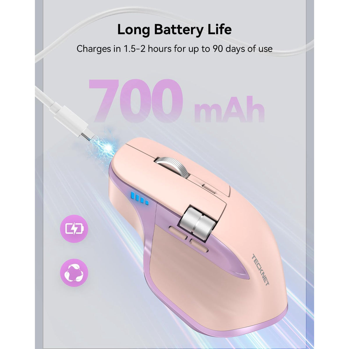 TECKNET Wireless Mouse, Bluetooth Mouse (BT5.3/5.0 & 2.4G) Rechargeable Ergonomic Optical Mouse with 6 Adjustable DPI, Side Scroll, Quiet Clicks, USB A Receiver, 7 Buttons, Wide Compatibility - Pink