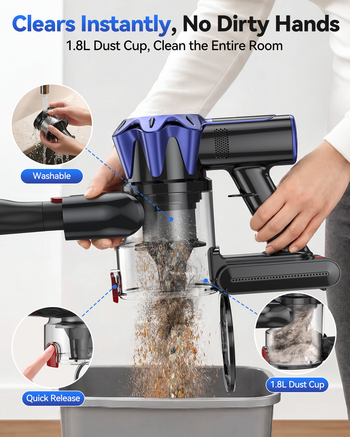 TechRise Basic 550W/45kPa Cordless Vacuum,60Mins Runtime Lightweight Stick Vacuum for Hardwood Floor Carpet Pet Hair