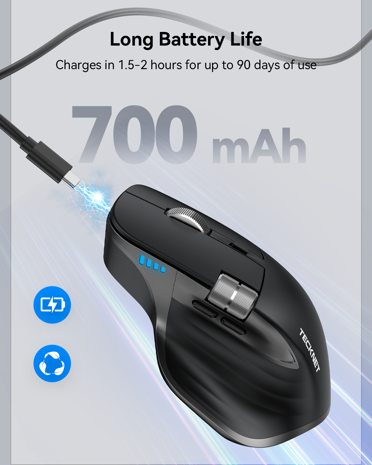 TEIMA Wireless Mouse, Bluetooth Mouse (BT5.3/5.0 & 2.4G) Rechargeable Ergonomic Optical Mouse with 6 Adjustable DPI, Side Scroll, Quiet Clicks, USB A Receiver, 7 Buttons, Wide Compatibility - Black