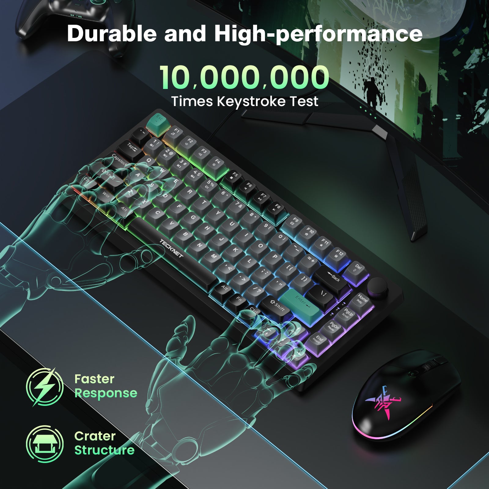 TECKNET RGB Gaming Keyboard,Compact 83 Keys Wired Keyboard with Volumn Knob