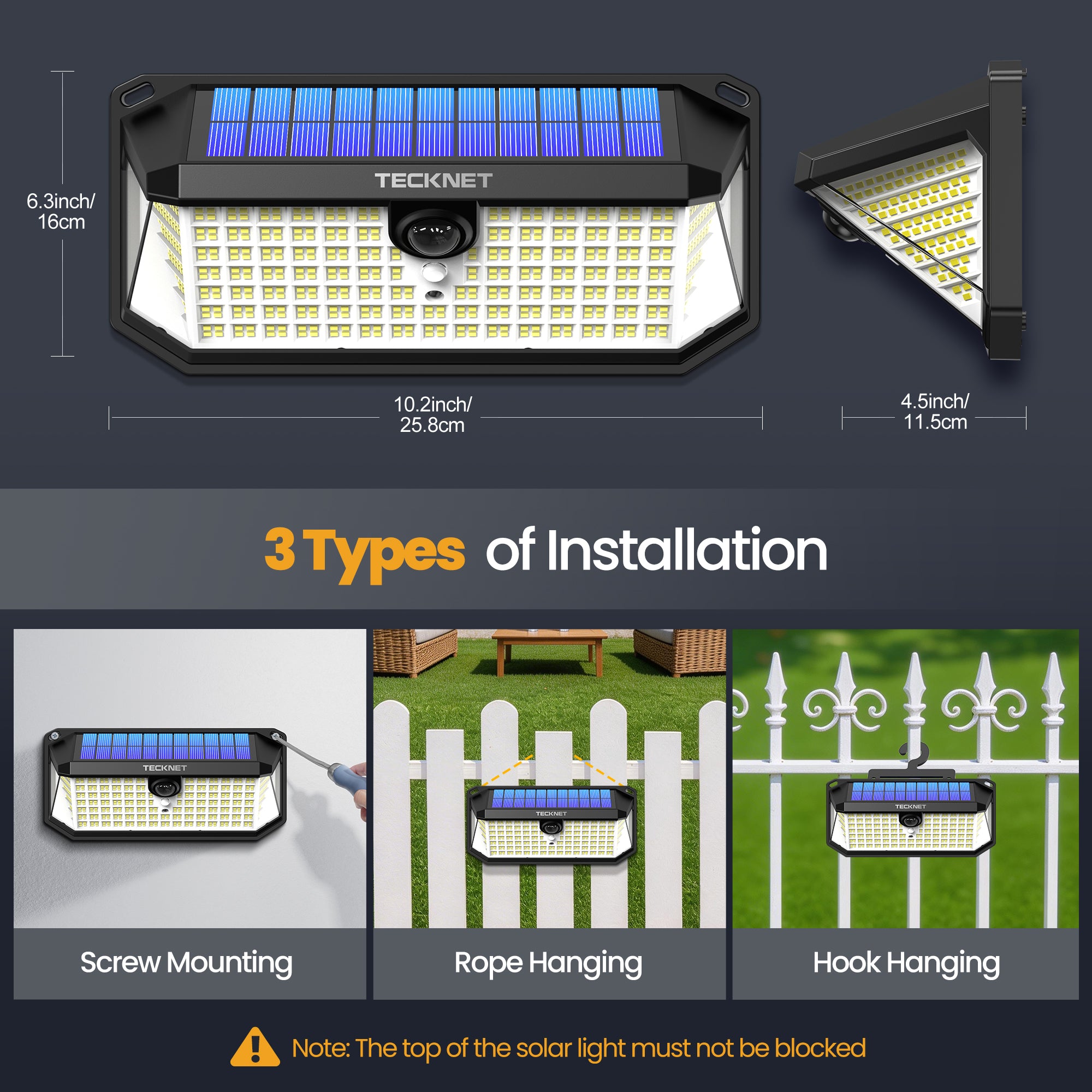 TECKNET 546 LED Motion Sensor Outdoor Lights with Remote Control & Hook,7500LM Solar Lights Outdoor with 2200mAh & IP66 Waterproof, 300° Angle & 3 Modes, Solar Lights for Patio Fence Garage 2 Pack