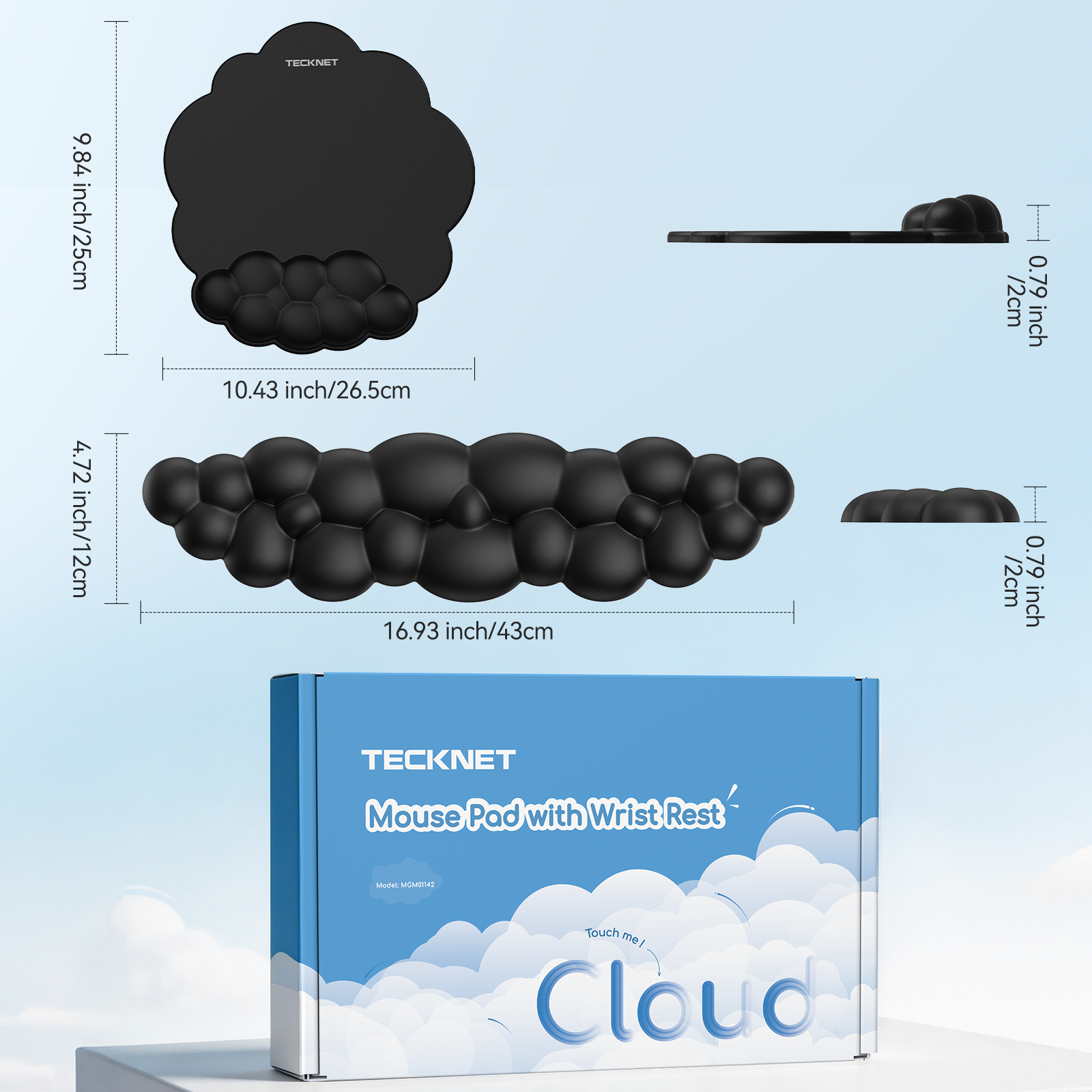 TECKNET BASICS Cloud Ergonomic Mouse Pad with Wrist Rest, Memory Foam Support & Non-Slip Base for Pain Relief, Office & Gaming, Black