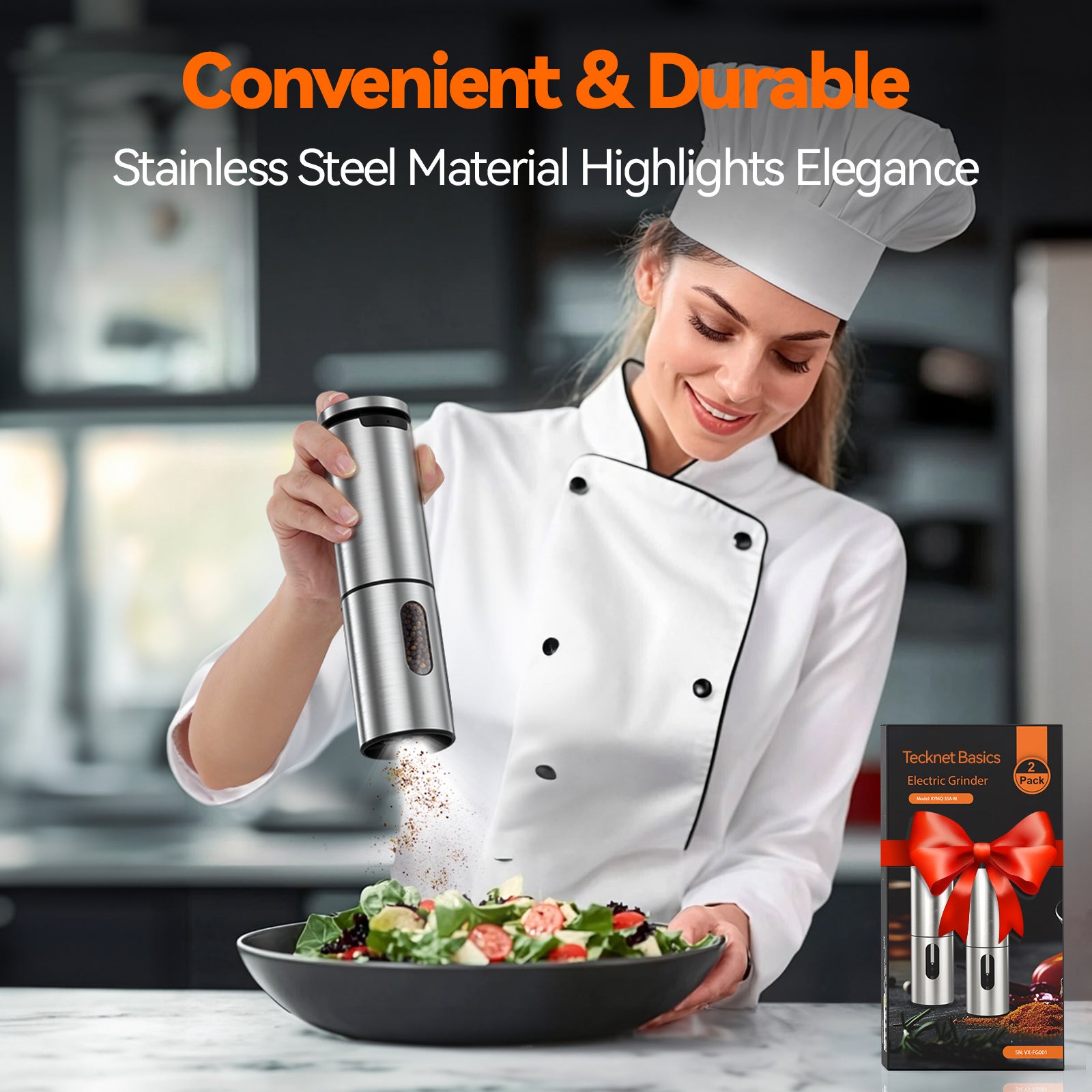 Tecknet Electric Salt and Pepper Grinder Set Rechargeable Stainless Steel