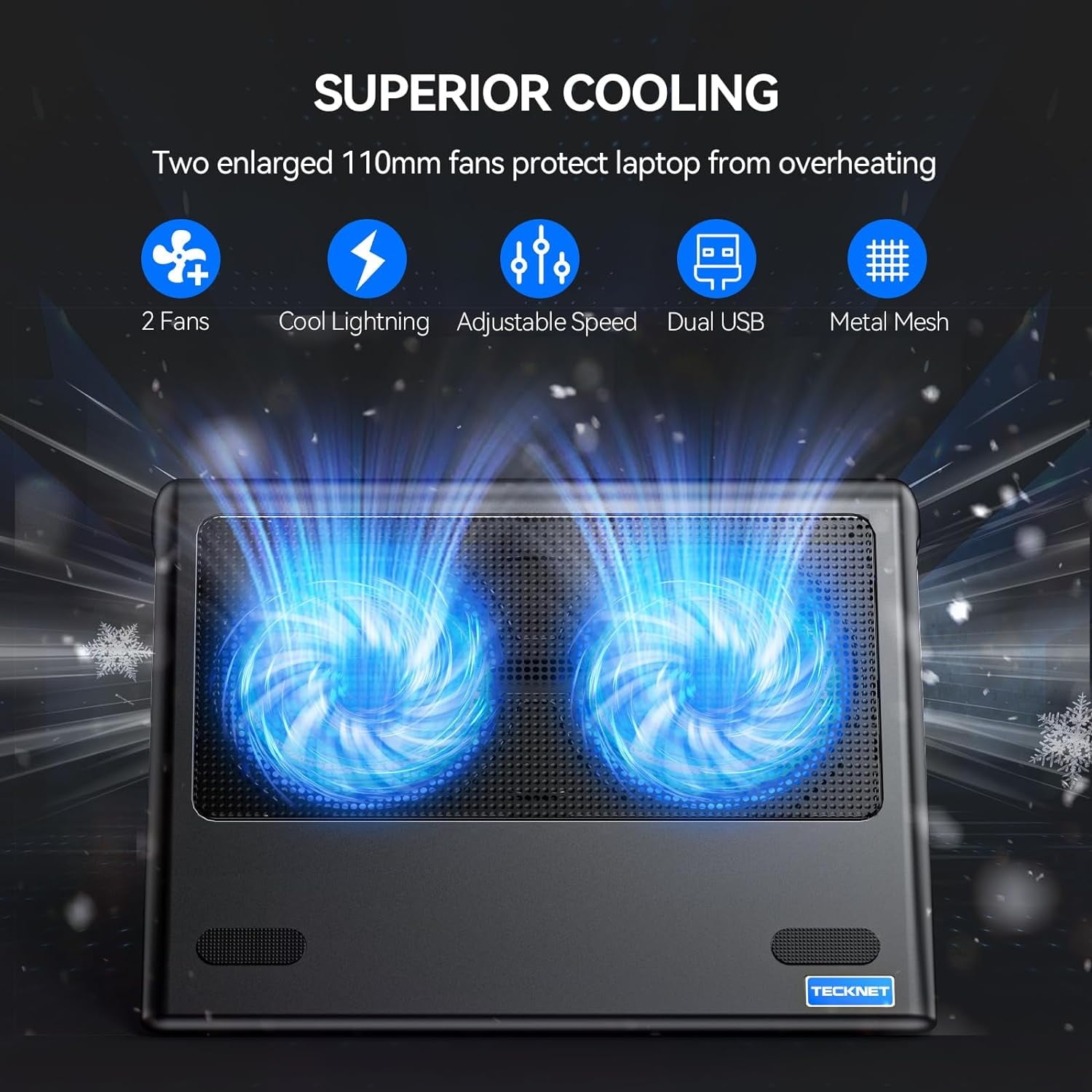TECKNET BASICS Laptop Cooling Pad, Ultra-Quiet Cooler with Adjustable Fan Speeds, USB Powered Stand for 12-15.6" Gaming Laptops - Blue