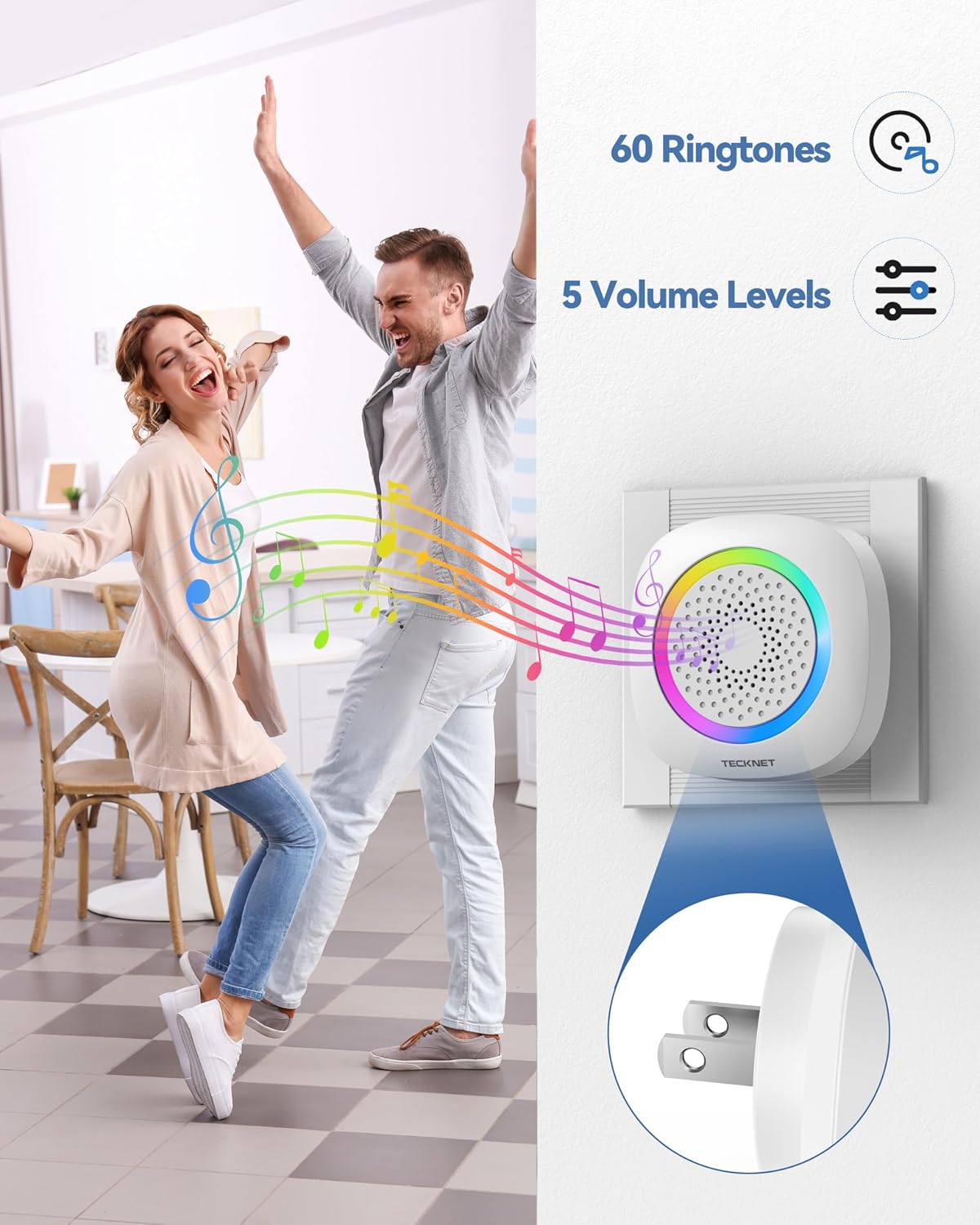 TECKNET Plug in Wireless Doorbell with RGB Lighting & 1300 Feet Range,IP66 Waterproof Door Bell for Home/Classroom,60 Chimes,5-Level Volume,4.5-Year Battery Life(White),FCC ID:YI6RL-33TX