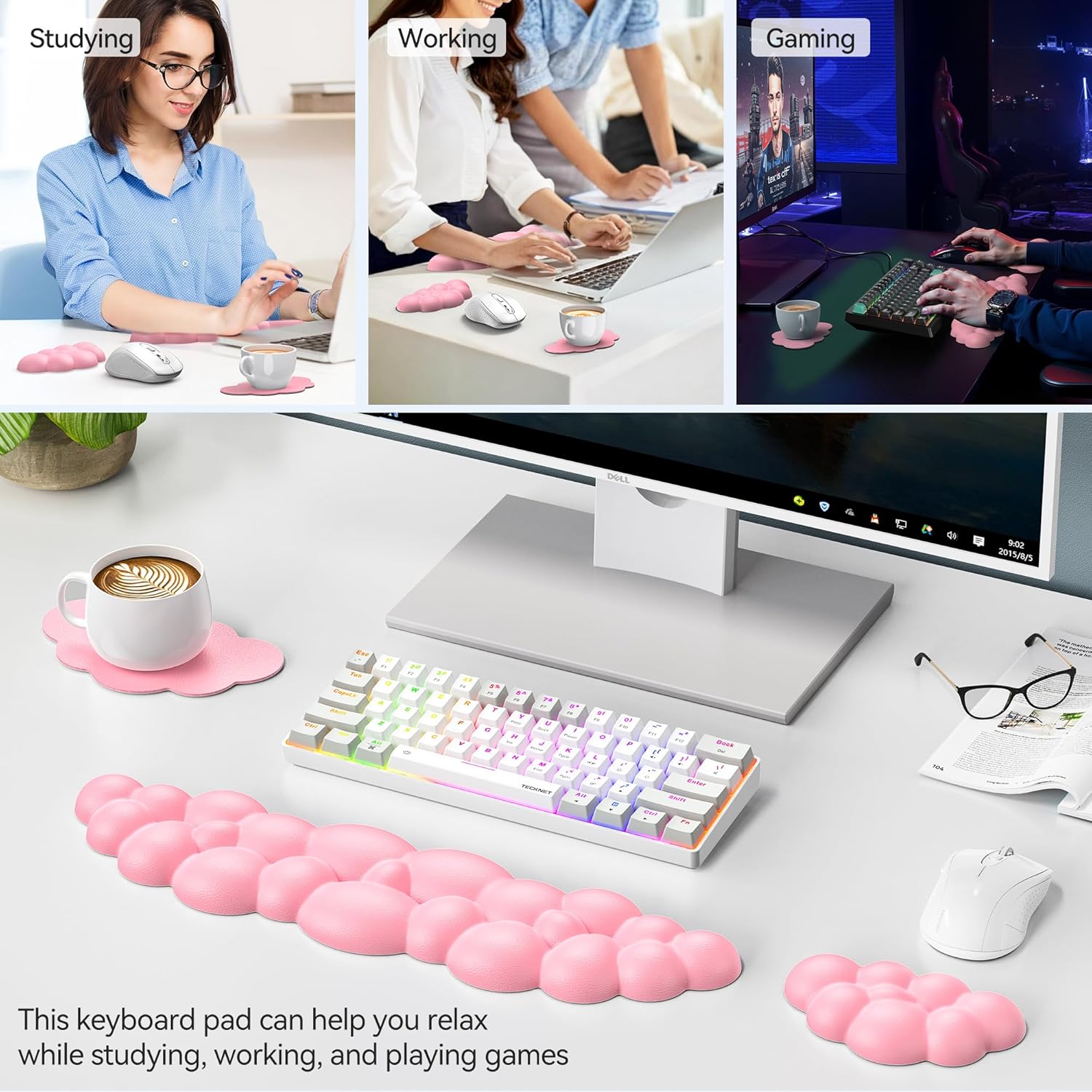 TECKNET Cloud Keyboard Wrist Rest Set, Non-Slip PU Leather Wrist Pad with Ergonomic Memory Foam, for Laptop/Office/Gaming & Pain Relief, Dark Pink