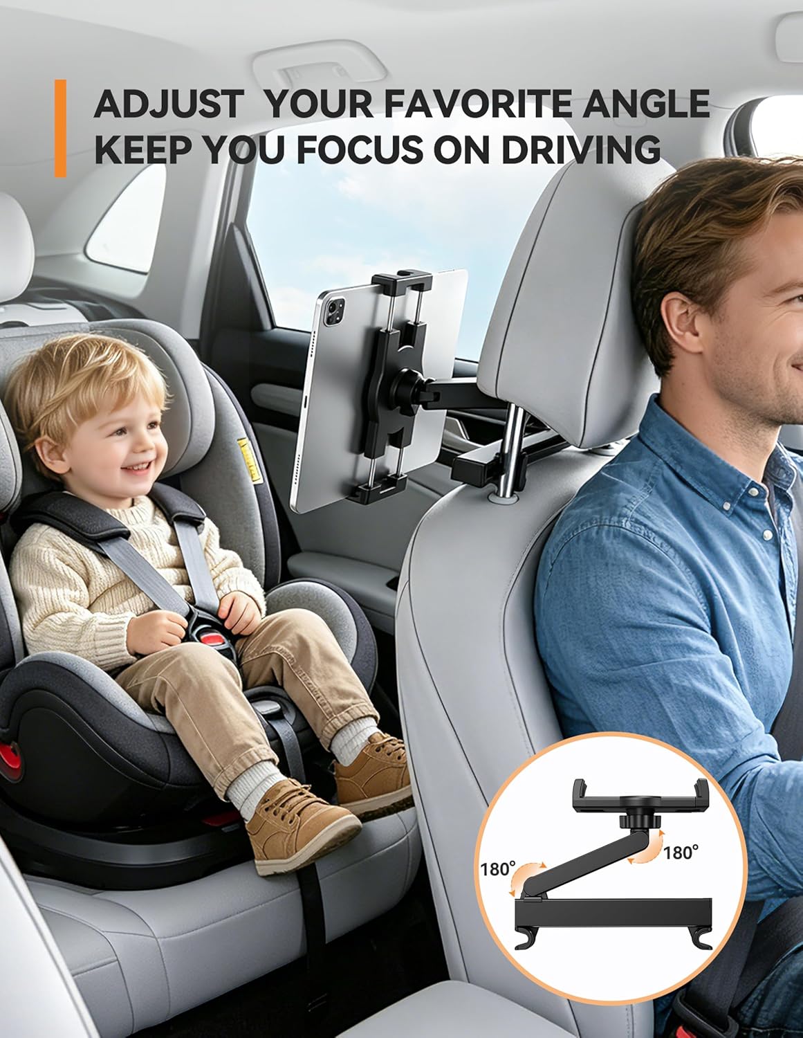TECKNET Car Headrest Tablet Holder, 3-in-1 Arm with 360° Swivel, Back Seat Mount for 4.7-12.9" iPad/Switch/iPhone, Road Trip Essentials for Kids