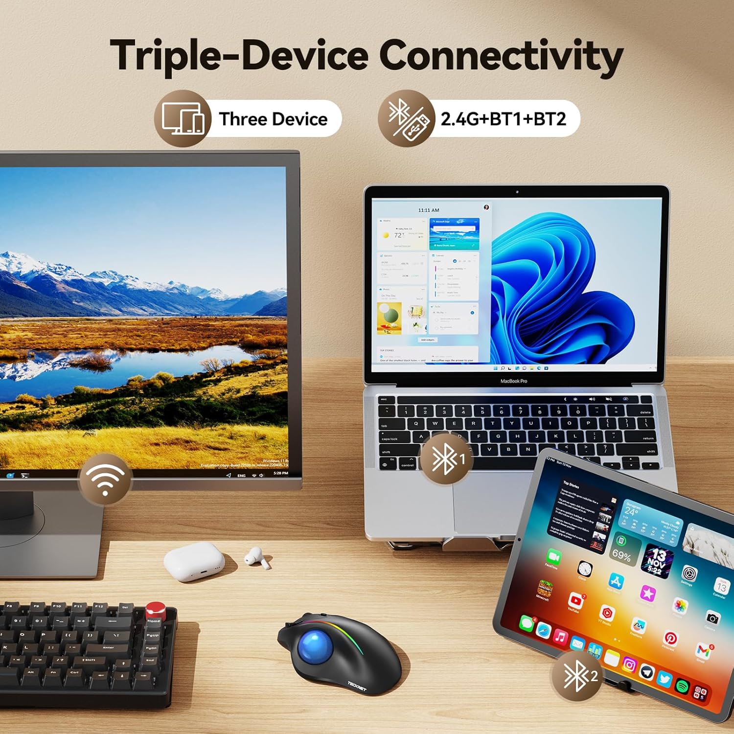 TECKNET Pro Wireless Trackball Mouse, Bluetooth Mouse with Ergonomic Thumb Control