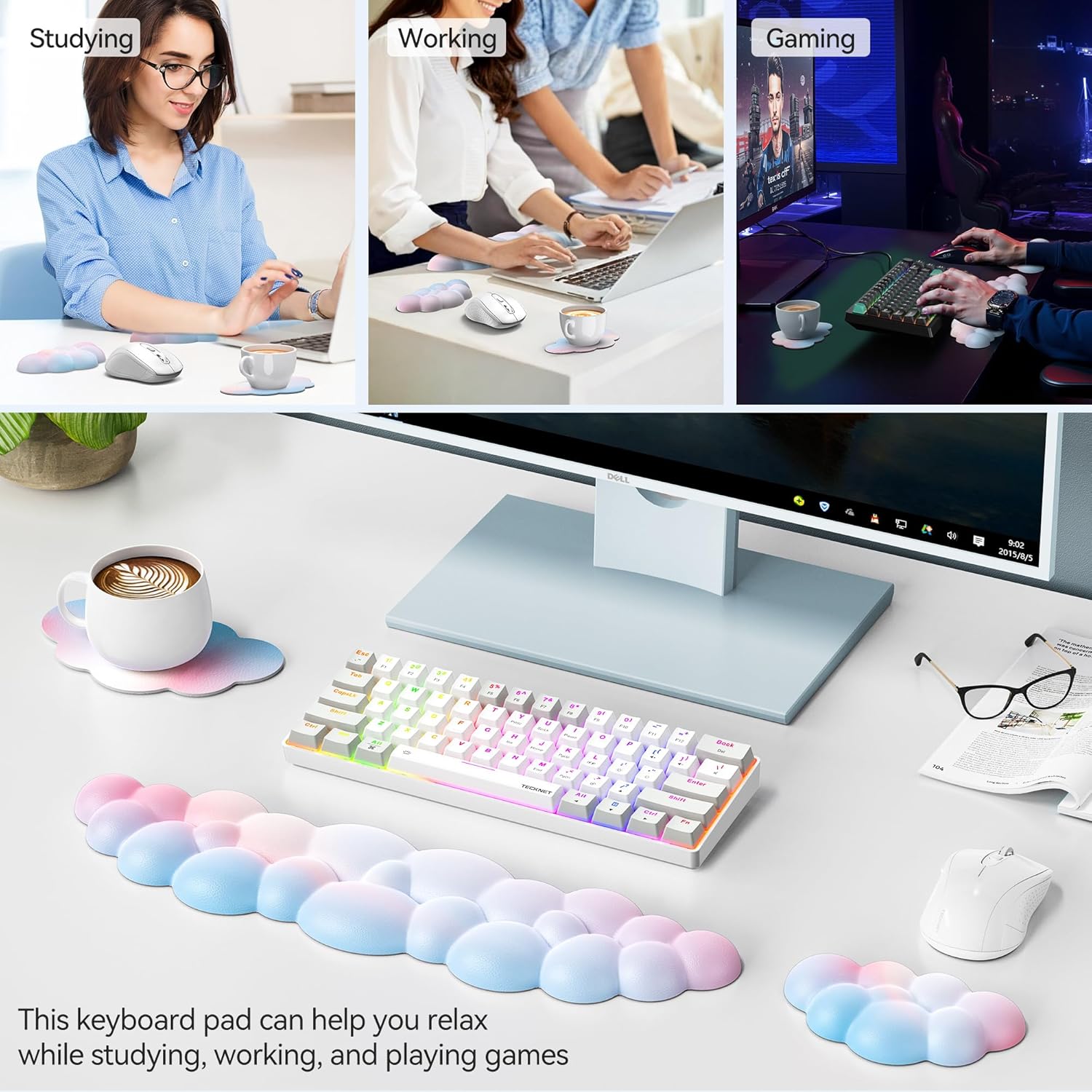 TECKNET Cloud Keyboard Wrist Rest Set, Non-Slip PU Leather Wrist Pad with Ergonomic Memory Foam, for Laptop/Office/Gaming & Pain Relief, Rainbow