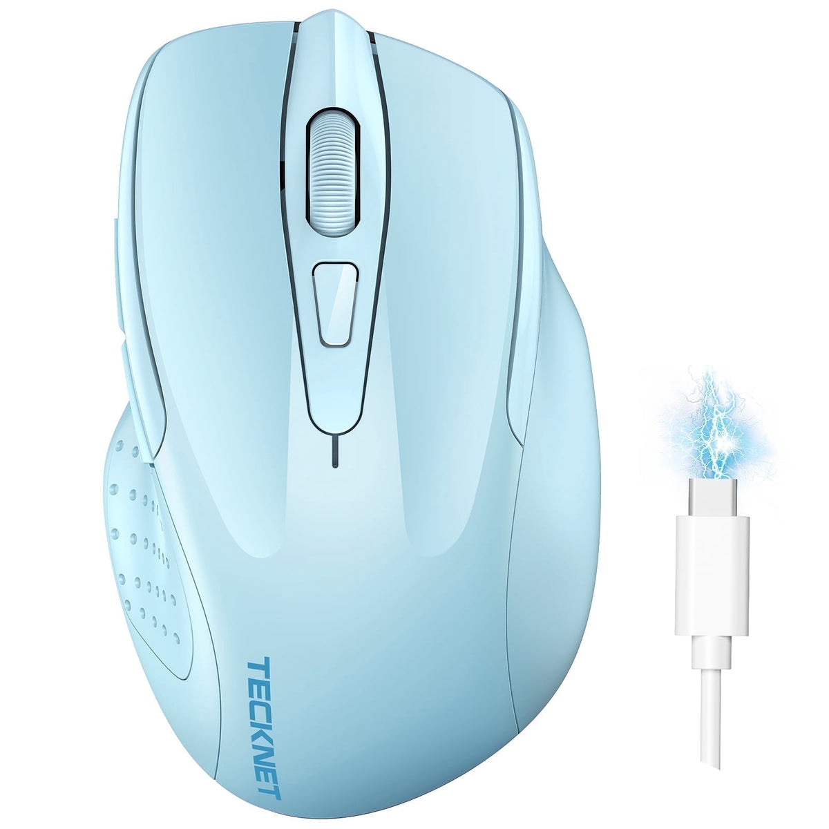 TECKNET Wireless Mouse (BT5.0/3.0 & 2.4G) Rechargeable 4800 DPI Silent USB A & Bluetooth Mouse 6 Buttons, Wide Compatibility - Lightblue