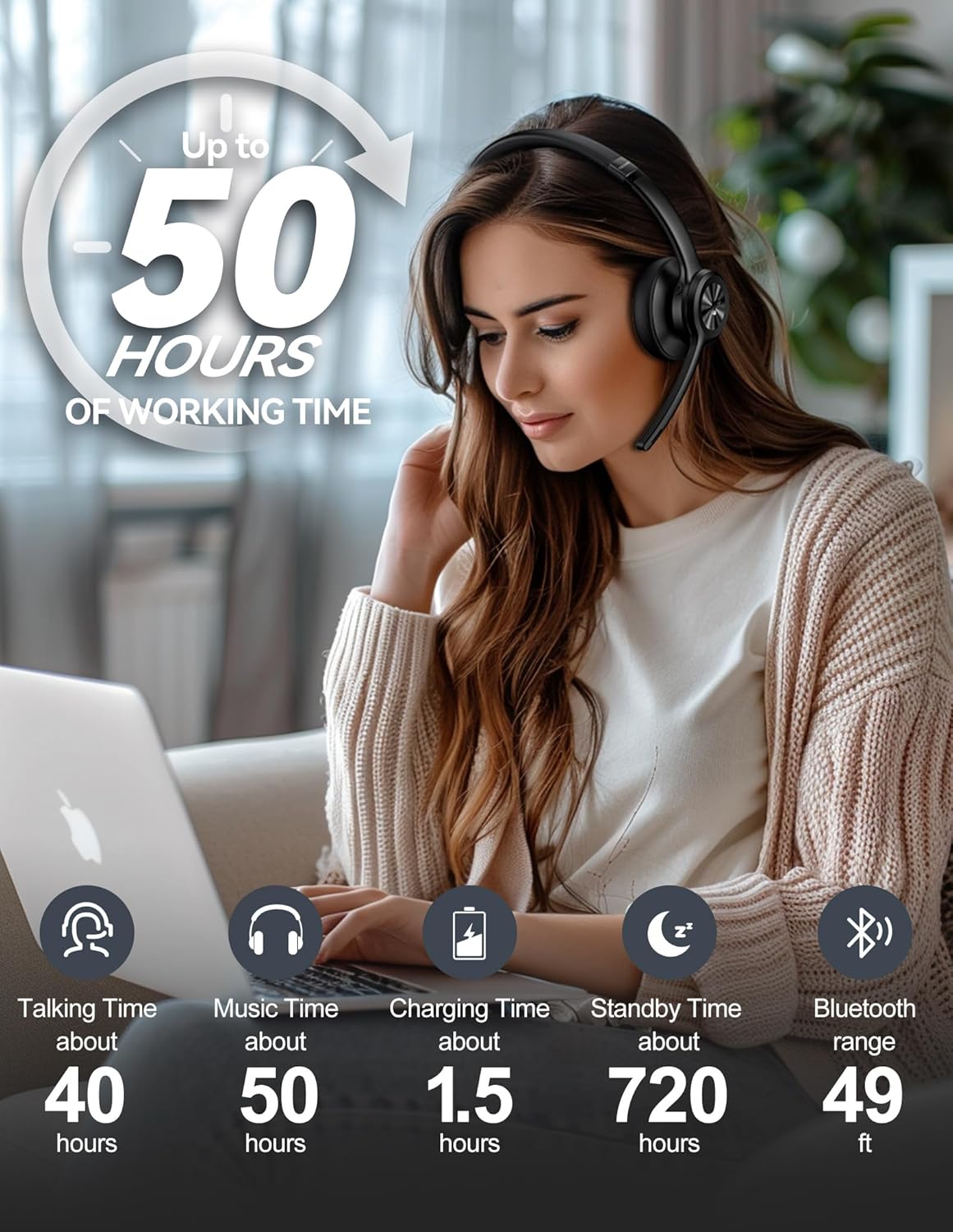 TECKNET Bluetooth Headset, USB Wireless Headset with Microphone Noise Canceling, 50H Playtime & Mute, Wireless Headphones with Mic BT 5.2 On-Ear Headphones for Trucker Cellphone Office Call Center