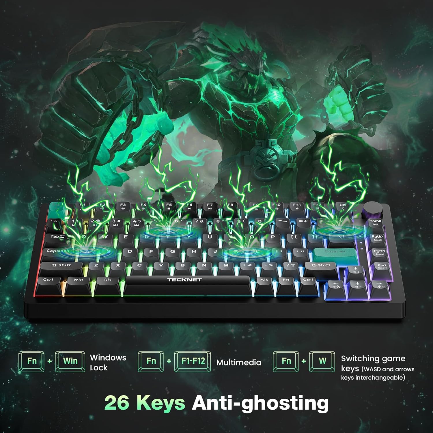TECKNET Gaming Keyboard, 75% Wired Keyboard, RGB Backlit, 82-Keys with Volume Knob Control, 26 Keys Anti-ghosting, Whisper Quiet Gaming Switch Travel Friendly for Windows Laptop PC Mac-Grey