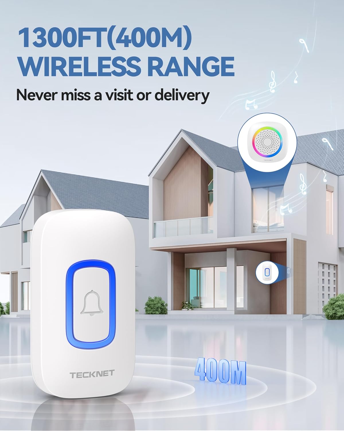 TECKNET Plug in Wireless Doorbell with RGB Lighting & 1300 Feet Range,IP66 Waterproof Door Bell for Home/Classroom,60 Chimes,5-Level Volume,4.5-Year Battery Life(White),FCC ID:YI6RL-33TX