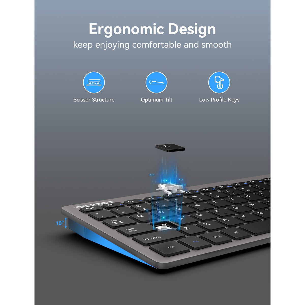 TECKNET BASICS 2.4G Small Wireless Keyboard, Compact Mini Design with Media Hotkeys & 12-Month Battery Life for PC, Desktop, Laptop, Smart TV - Grey