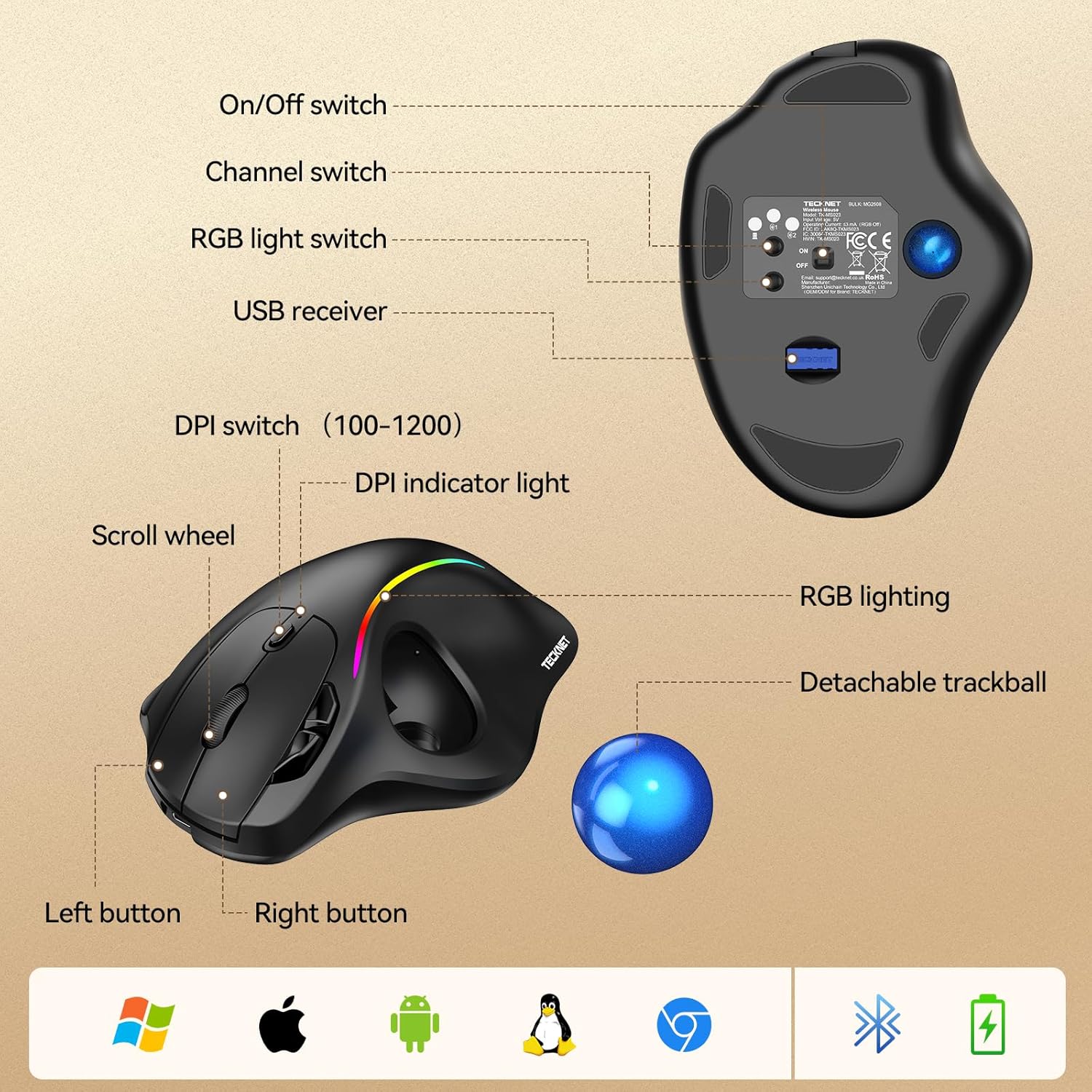 TECKNET Pro Wireless Trackball Mouse, Bluetooth Mouse with Ergonomic Thumb Control