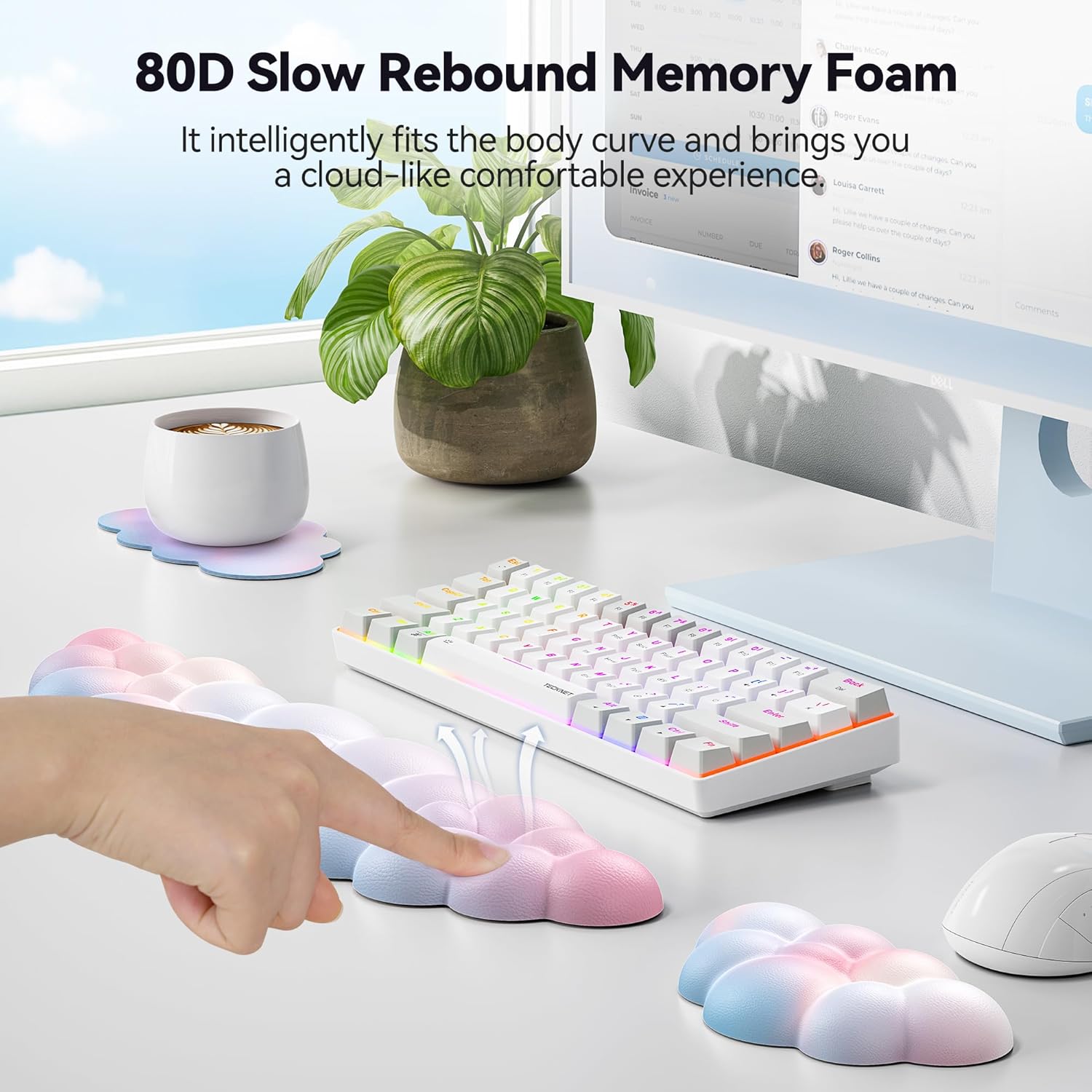 TECKNET Cloud Keyboard Wrist Rest Set, Non-Slip PU Leather Wrist Pad with Ergonomic Memory Foam, for Laptop/Office/Gaming & Pain Relief, Rainbow