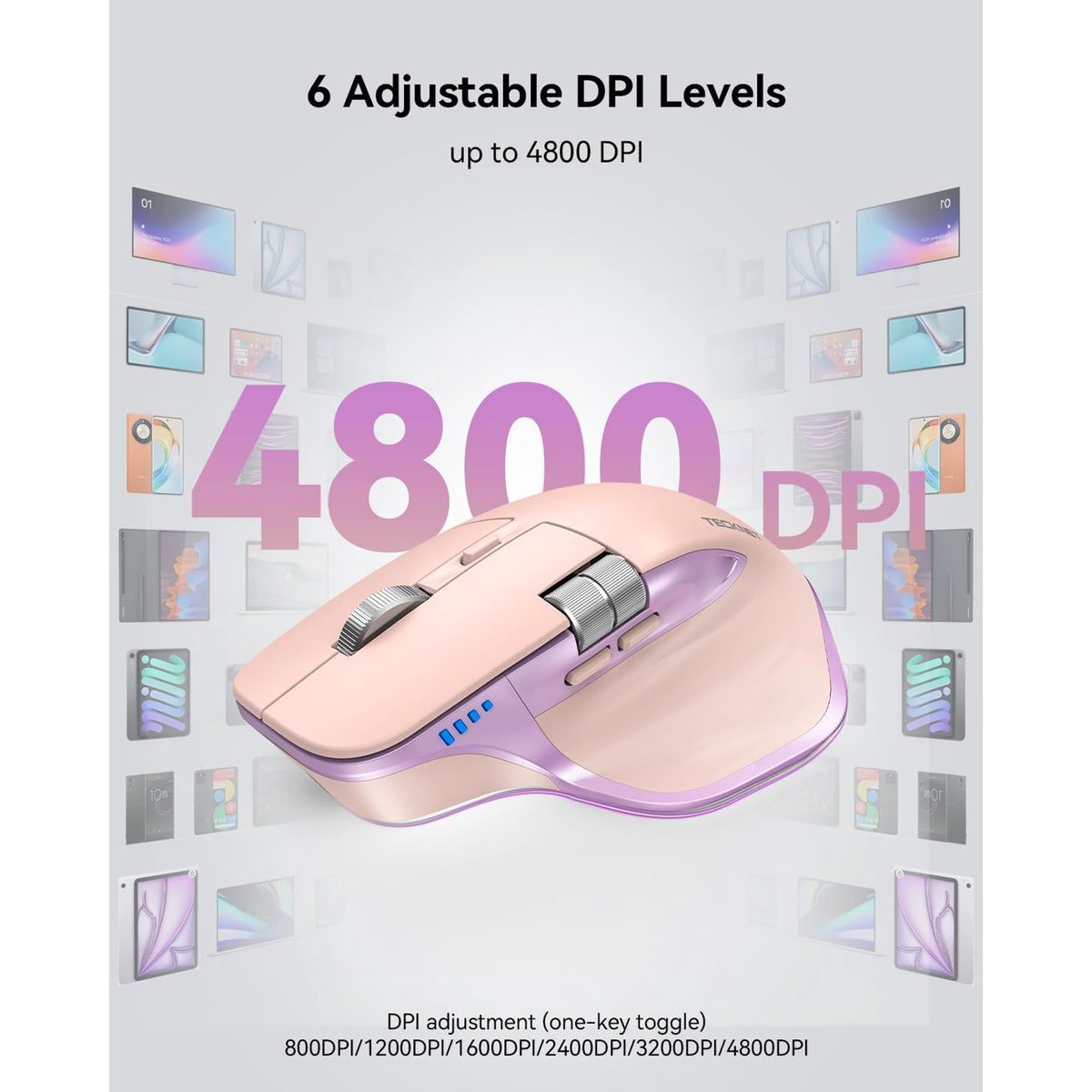 TECKNET Wireless Mouse, Bluetooth Mouse (BT5.3/5.0 & 2.4G) Rechargeable Ergonomic Optical Mouse with 6 Adjustable DPI, Side Scroll, Quiet Clicks, USB A Receiver, 7 Buttons, Wide Compatibility - Pink