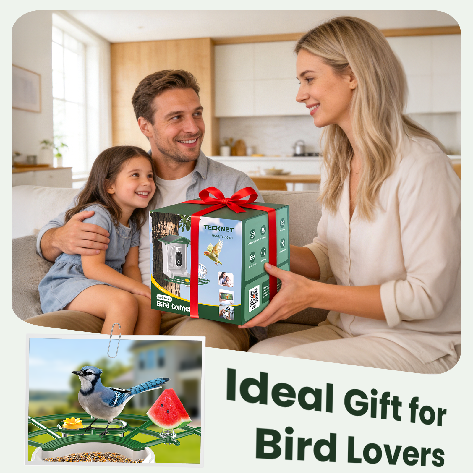 TECKNET BASICS Smart Bird Feeder with Camera, 2K UHD Video, AI Bird Species Identifier, Solar Powered Waterproof Birdhouse, Instant Bird Alerts, Gift for Bird Lovers, Green