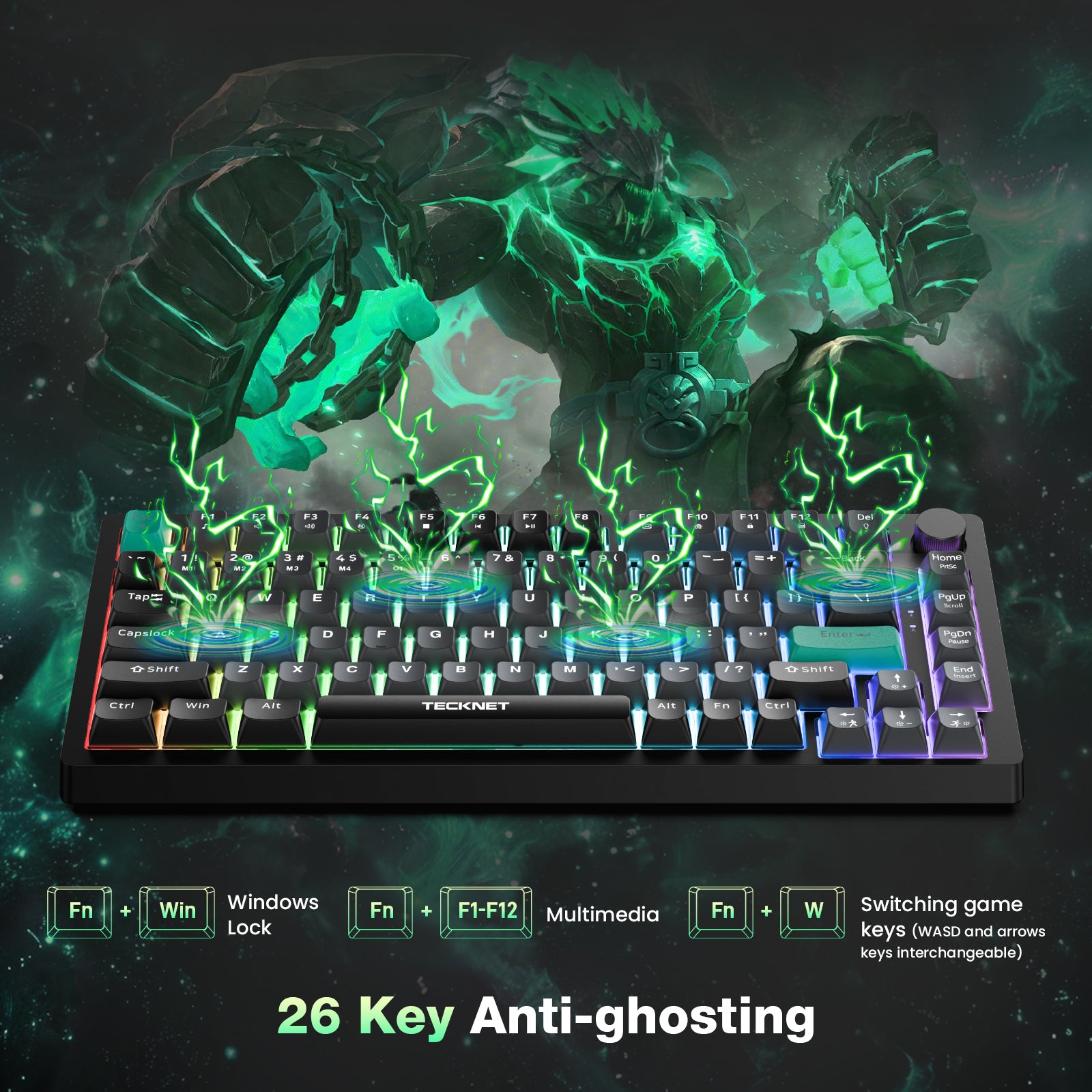TECKNET RGB Gaming Keyboard,Compact 83 Keys Wired Keyboard with Volumn Knob