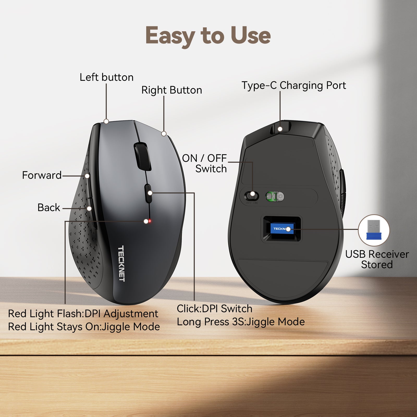 TECKNET Rechargeable Mouse with Jiggler, Plug & Play, 2.4G Connection with USB-C Adapter, Silent Mouse Quiet Click, 6400 DPI Ergonomic Mouse, Cordless Computer Mice for Laptop, Desktop, PC