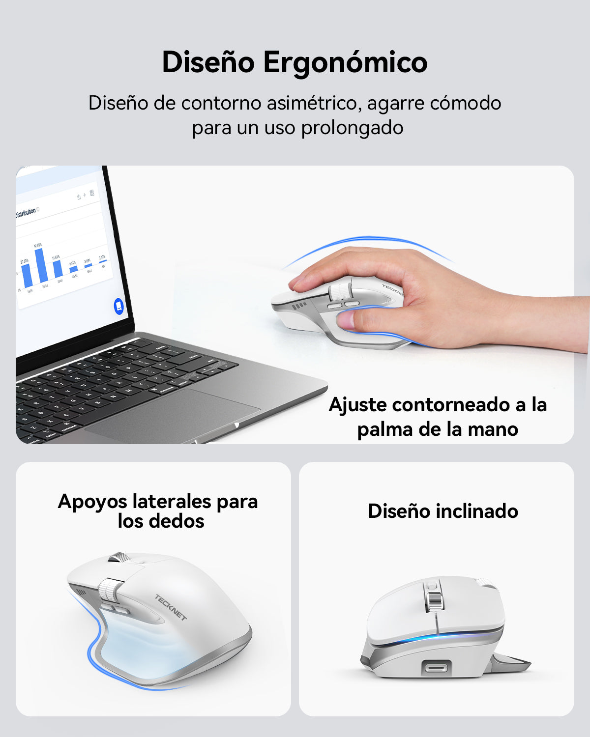 TEIMA Wireless Mouse, Bluetooth Mouse (BT5.3/5.0 & 2.4G) Rechargeable Ergonomic Optical Mouse with 6 Adjustable DPI, Side Scroll, Quiet Clicks, USB A Receiver, 7 Buttons, Wide Compatibility - White
