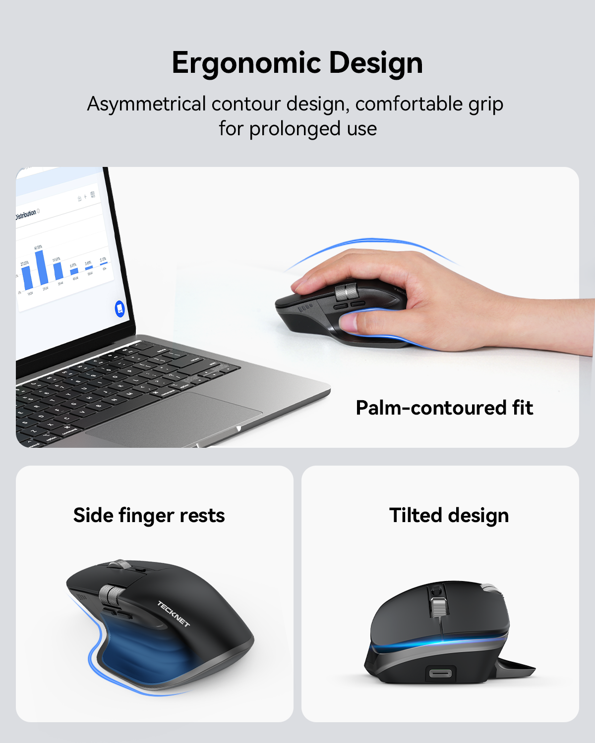 TEIMA Wireless Mouse, Bluetooth Mouse (BT5.3/5.0 & 2.4G) Rechargeable Ergonomic Optical Mouse with 6 Adjustable DPI, Side Scroll, Quiet Clicks, USB A Receiver, 7 Buttons, Wide Compatibility - Black