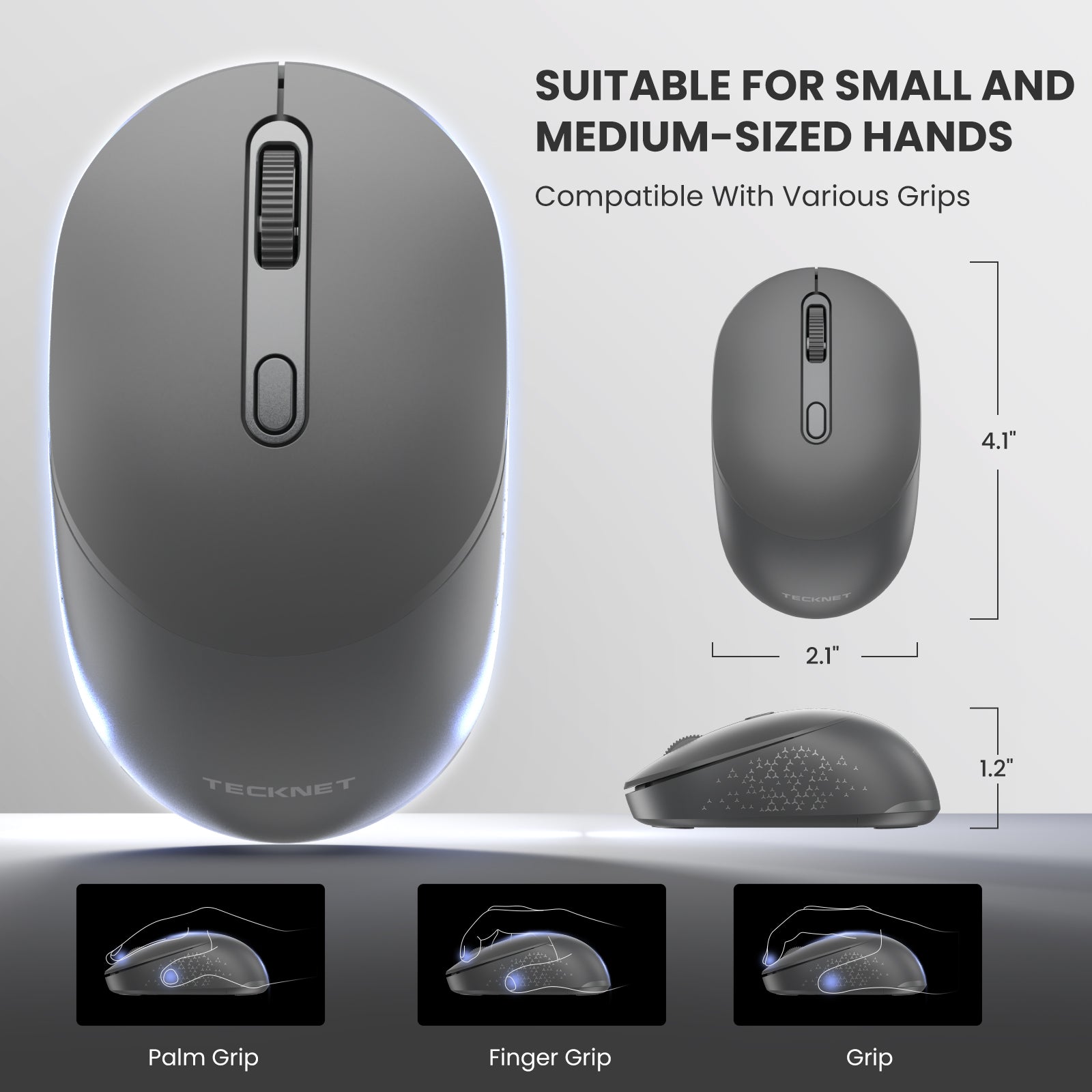 TECKNET Bluetooth Wireless Mouse, Bluetooth 5.0 & 2.4G USB Receiver, Compact & Portable, Silent Click, Ergonomic Symmetrical Design, 18-Month Battery, Adjustable DPI, Wide Compatibility - Grey